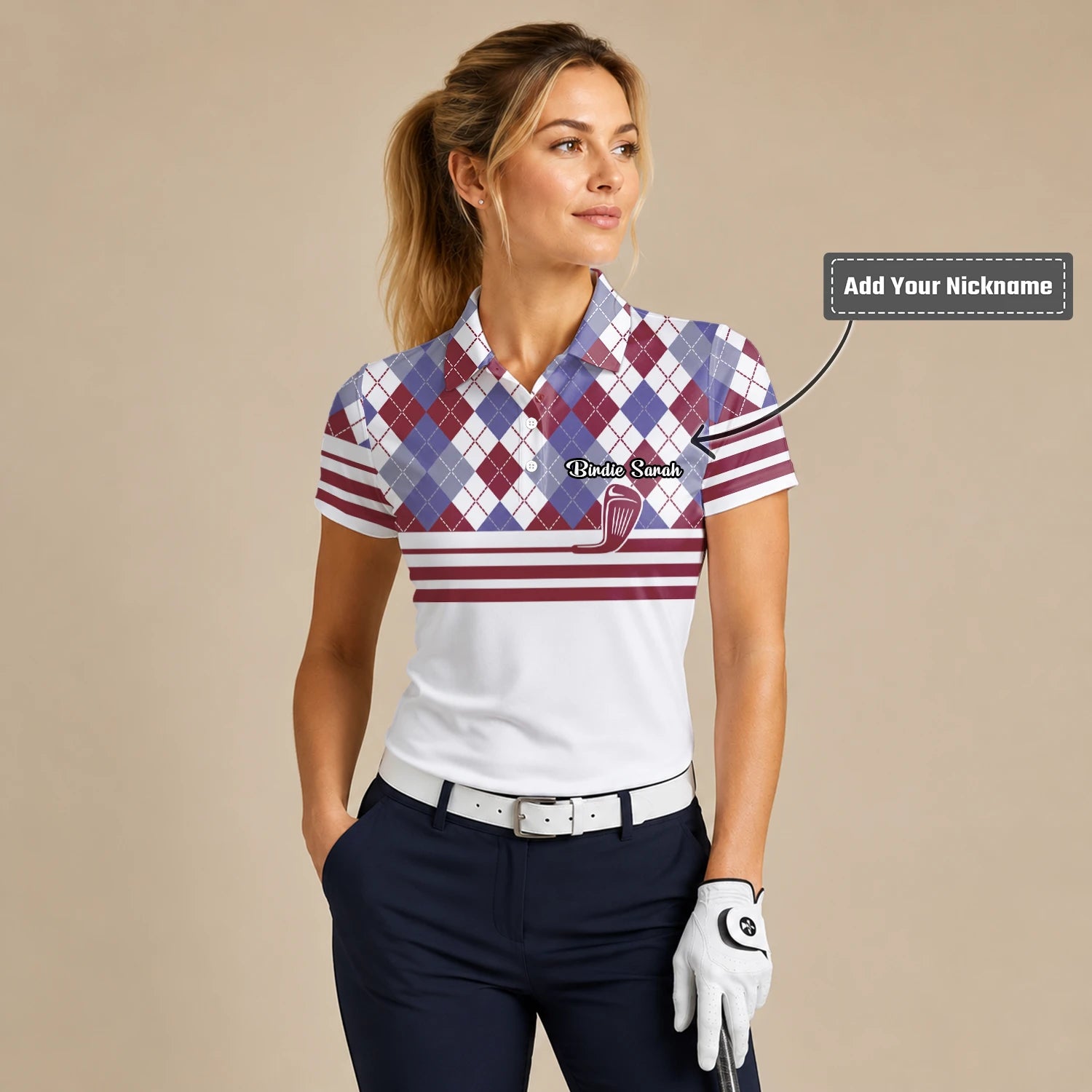 Personalised White Burgundy Argyle Golf Club Stripe Golf Polo Shirt For Women K9019