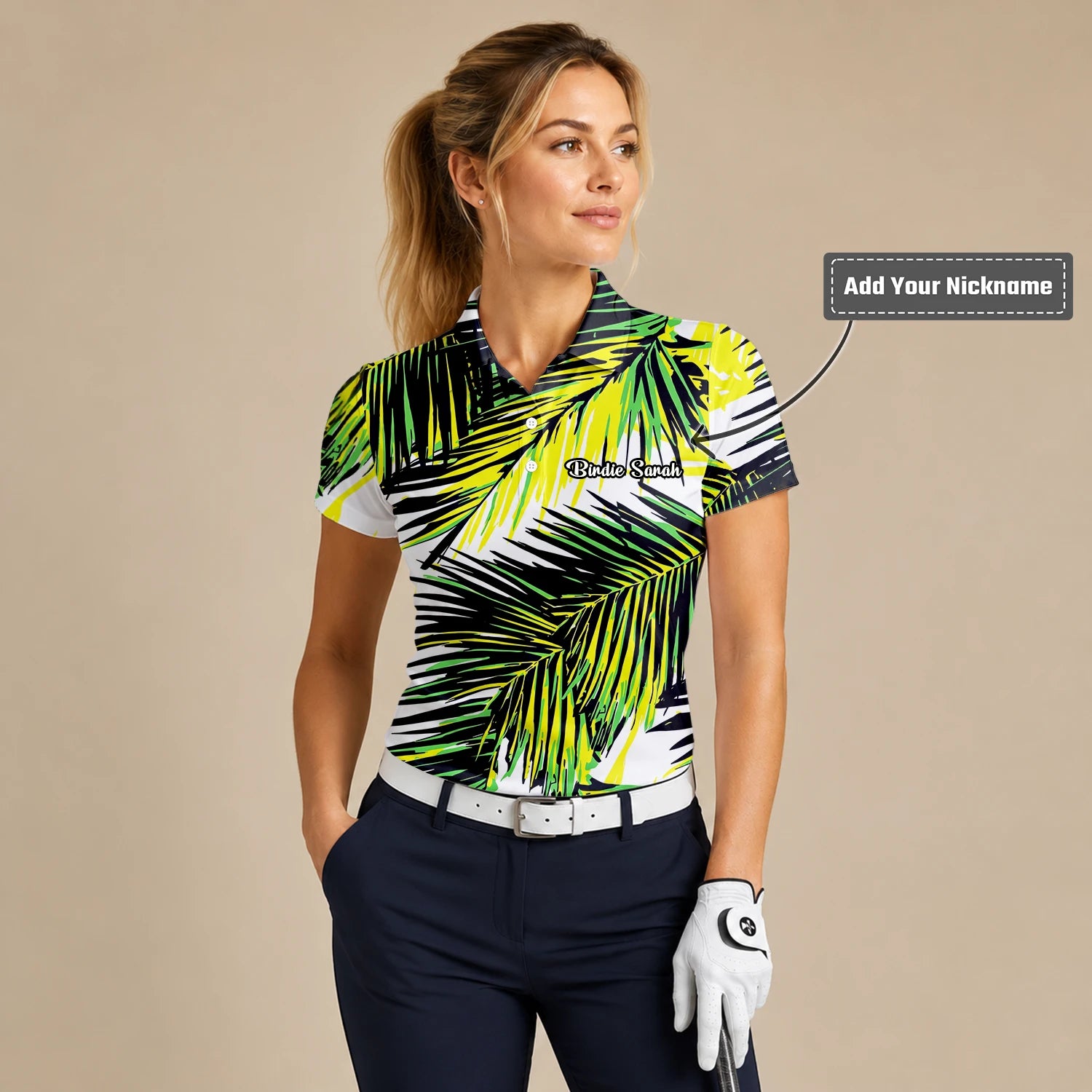 Personalised Black Lime Tropical Palm Leaf Golf Polo Shirt For Women R3070