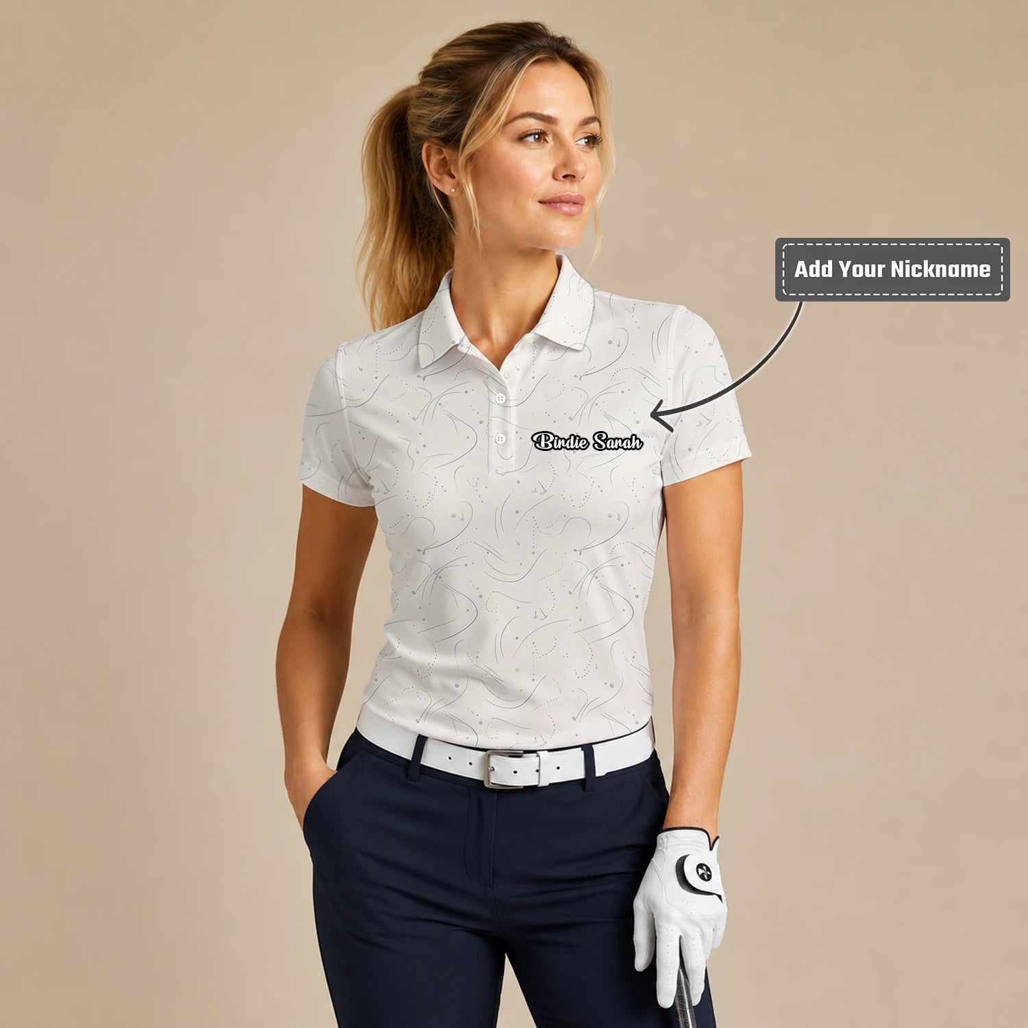 Personalised Cream Golf Tee Line Art Golf Polo Shirt For Women O7898