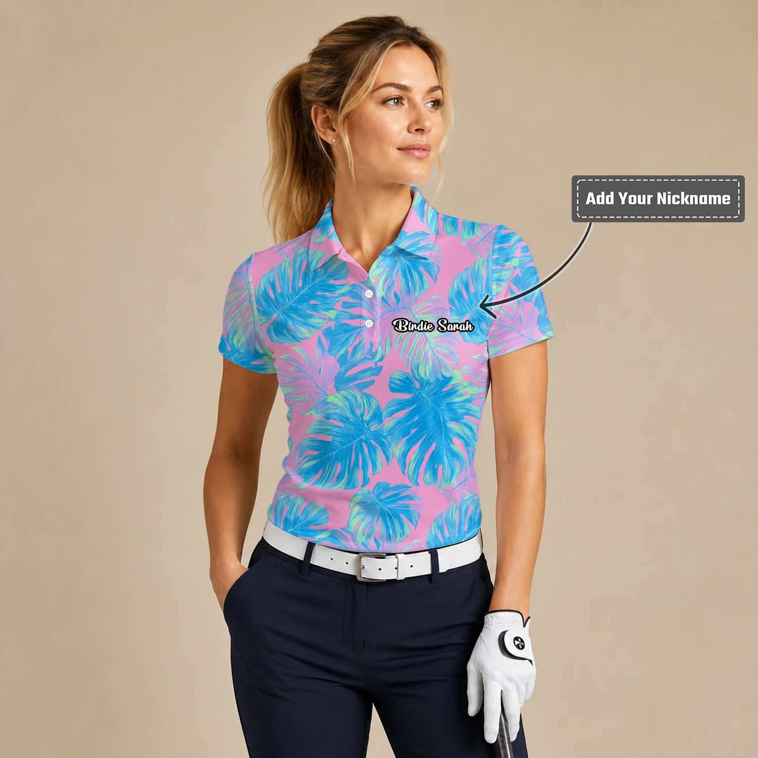 Personalised Pink Turquoise Tropical Monstera Leaf Golf Polo Shirt For Women C8385