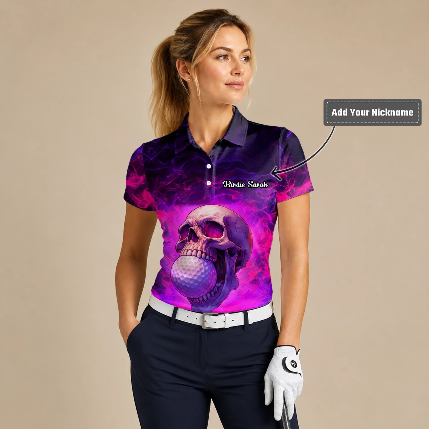 Personalised Purple Pink Skull Golf Ball Smoke Golf Polo Shirt For Women L7637