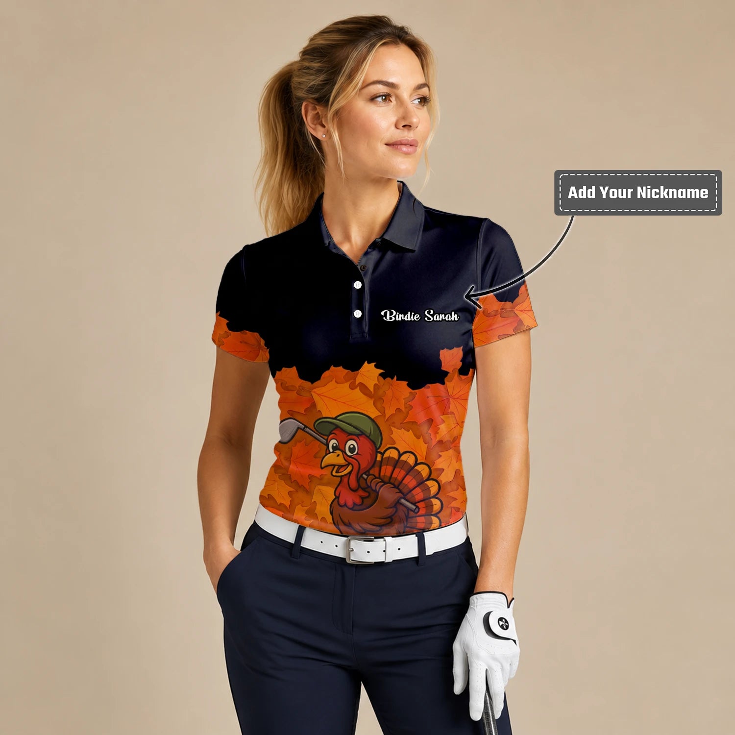 Personalised Black Orange Thanksgiving Turkey Golfer Golf Polo Shirt For Women W0964