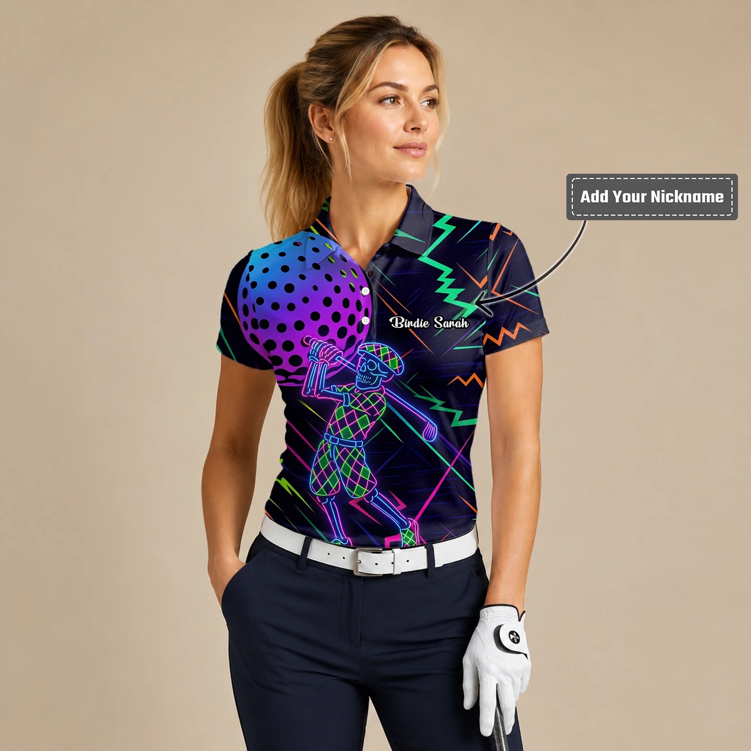 Personalised Black Neon Golfer Wireframe Golf Polo Shirt For Women L1481