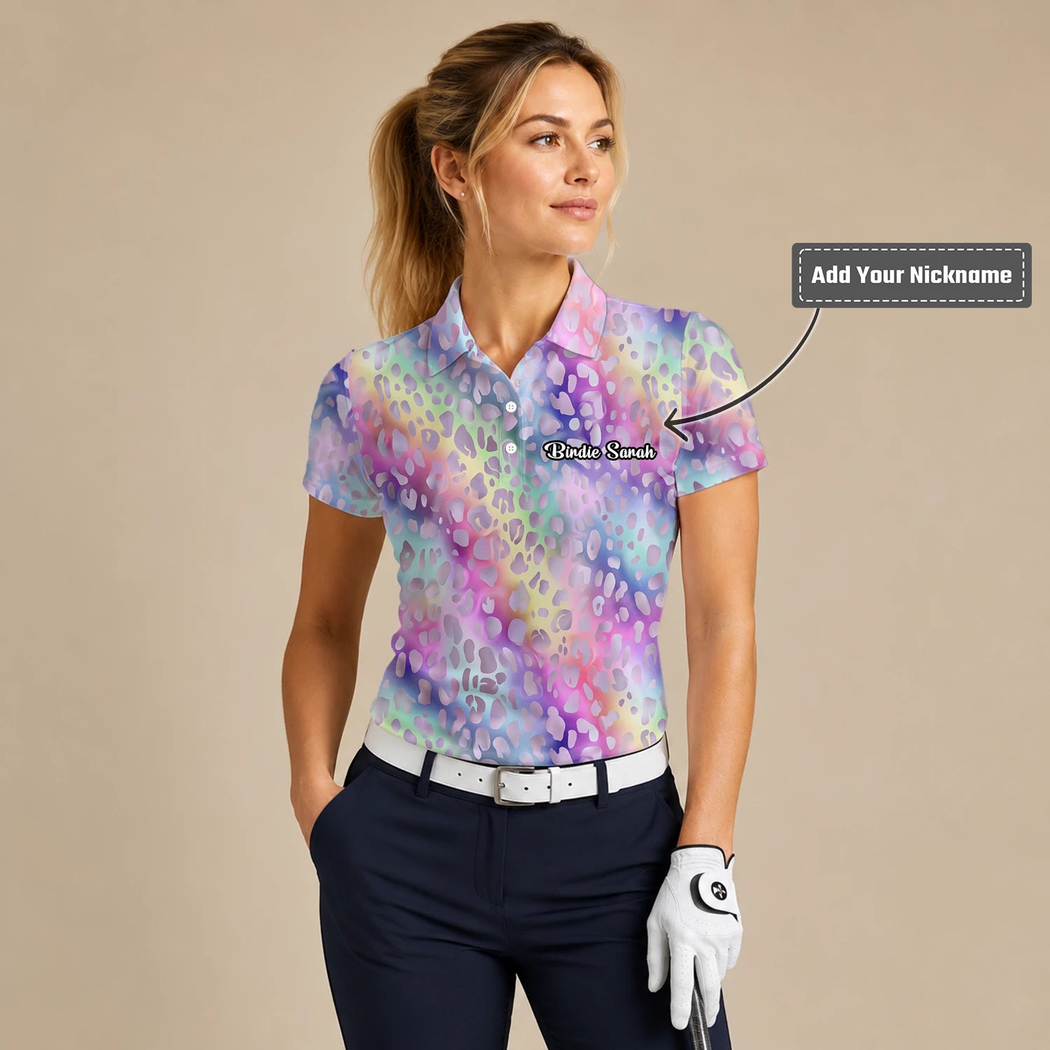 Personalised Pastel Rainbow Leopard Print Golf Polo Shirt For Women E5373
