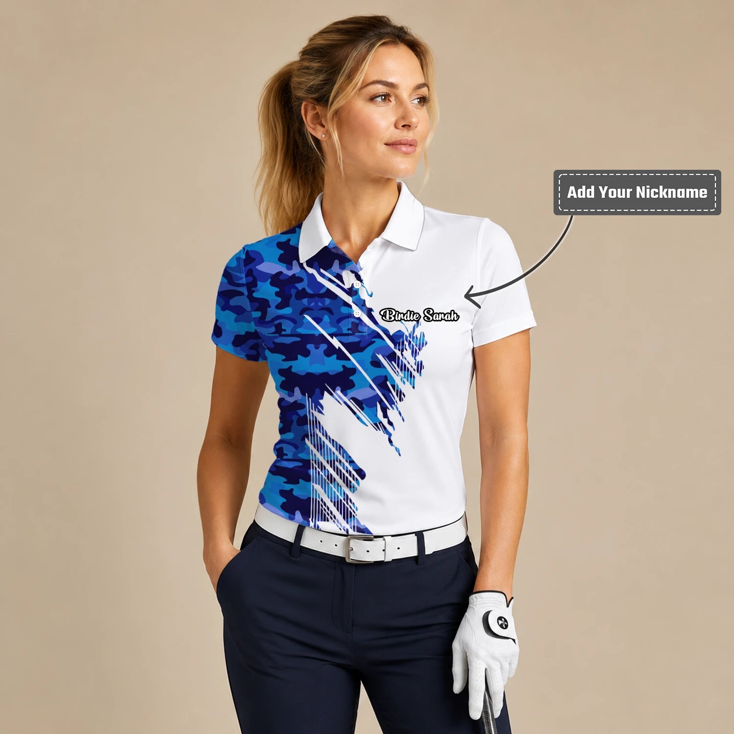 Personalised White Blue Camo Brush Stroke Golf Polo Shirt For Women M3845