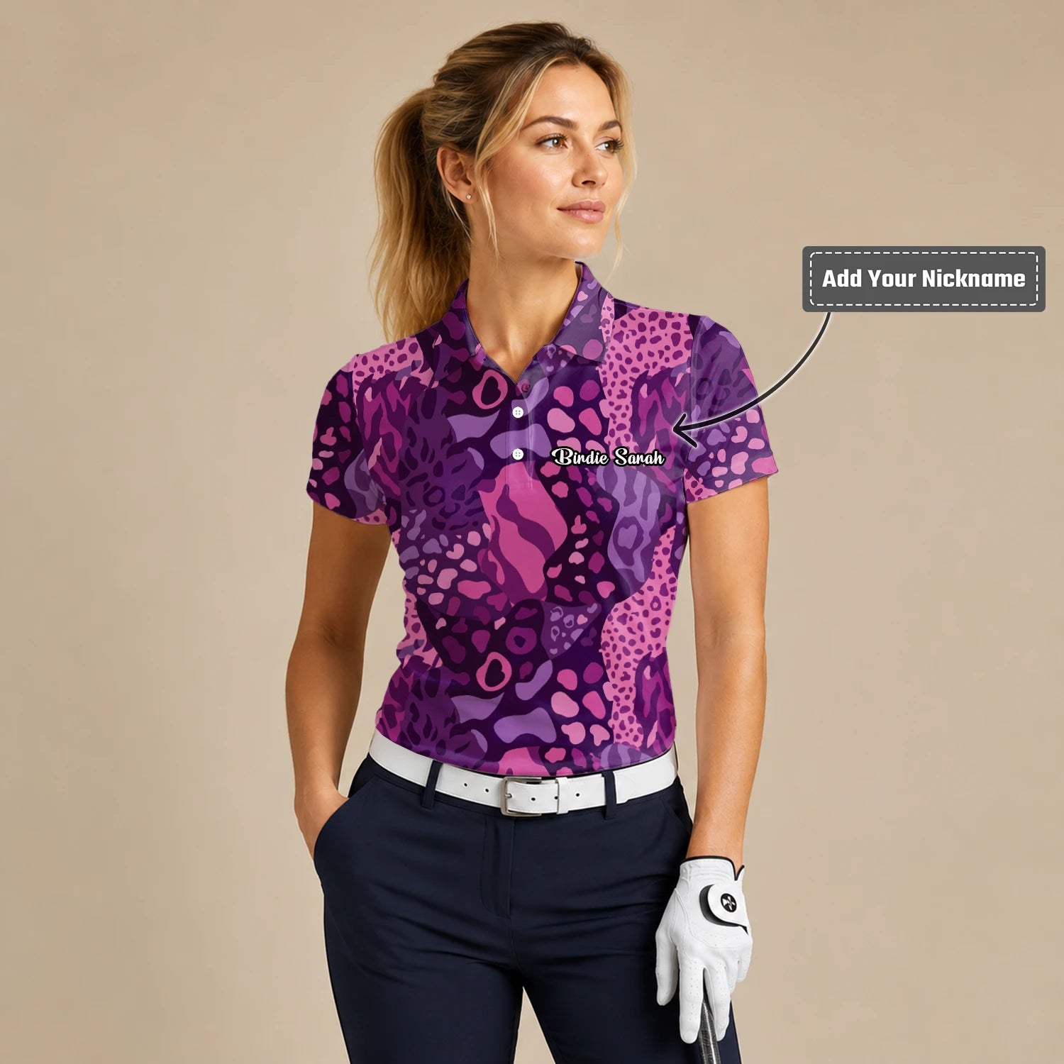 Personalised Purple Pink Leopard Camo Golf Polo Shirt For Women I6540
