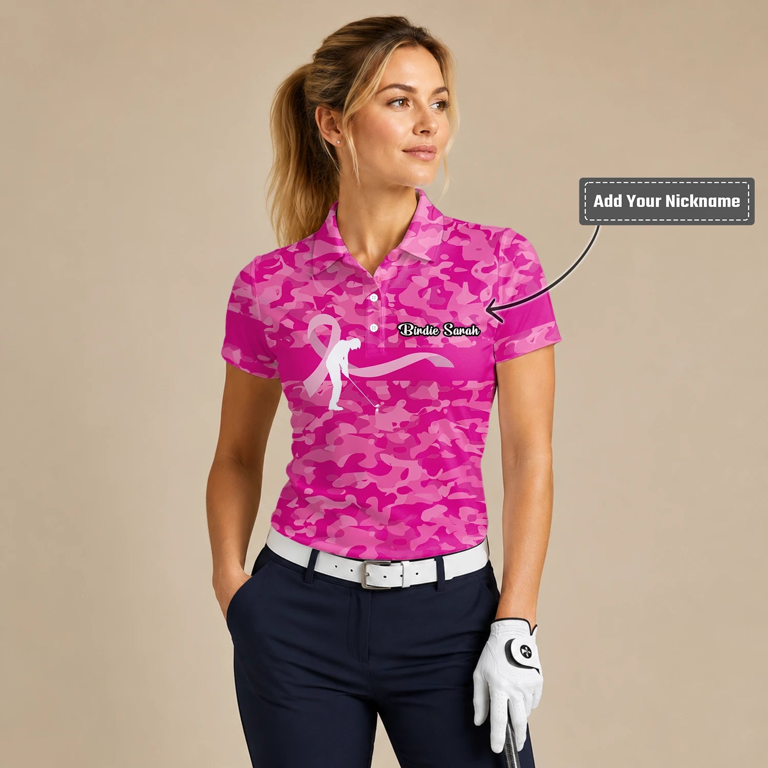 Personalised Pink Camo Breast Cancer Awareness Ribbon Golfer Golf Polo Shirt For Women Z3179