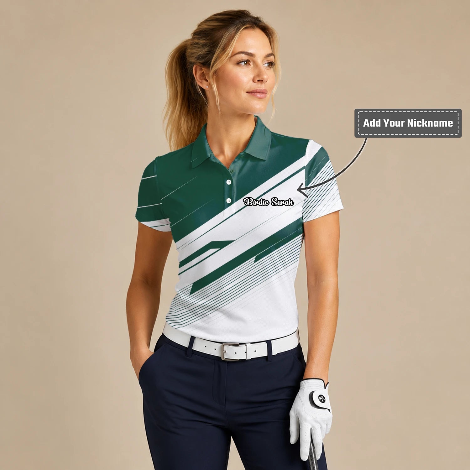 Personalised Green White Abstract Stripe Golf Polo Shirt For Women E5041