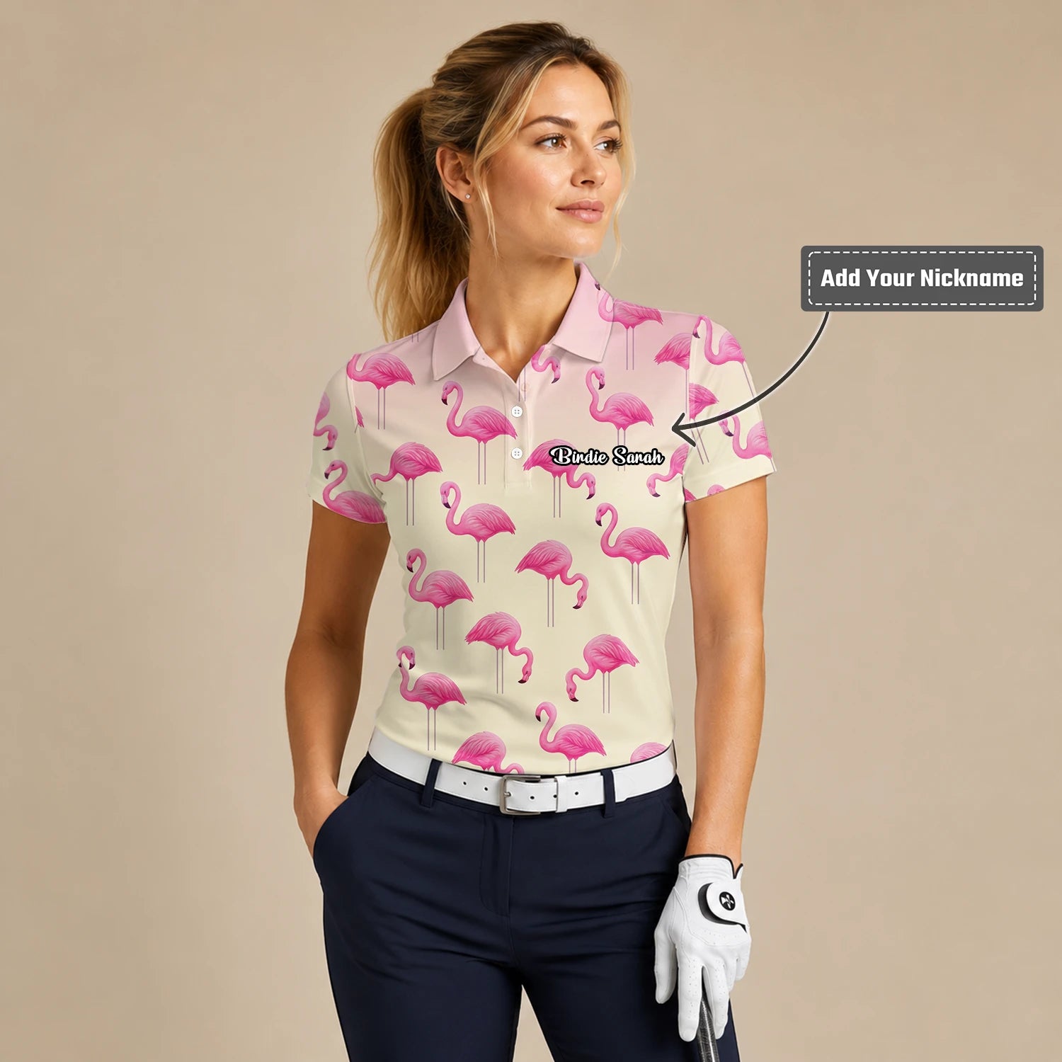 Personalised Cream Pink Flamingo Golf Polo Shirt For Women P5242