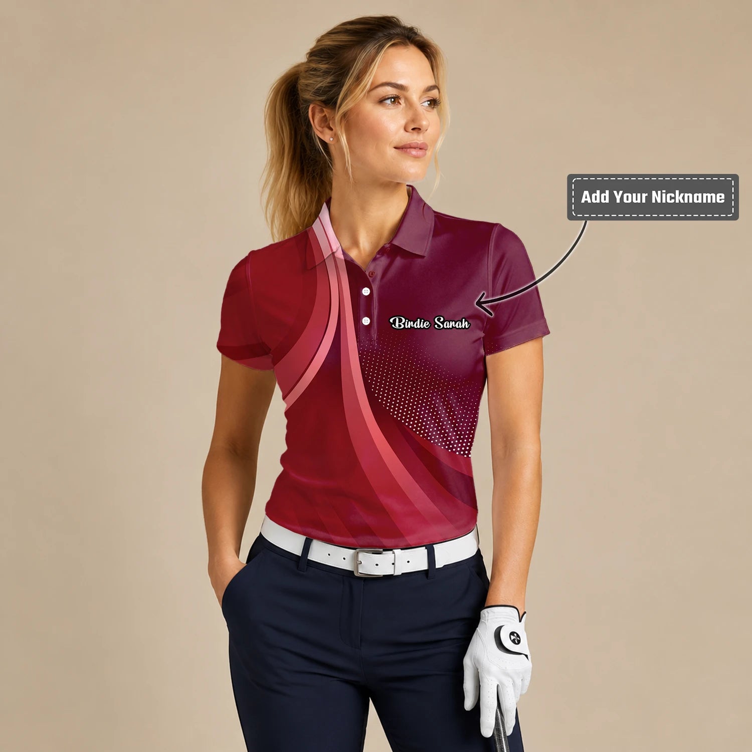 Personalised Burgundy Red Abstract Wave Golf Polo Shirt For Women B4612