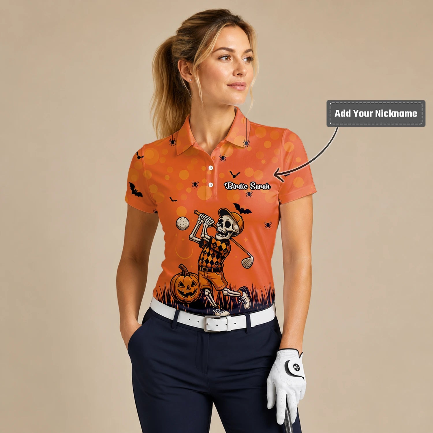 Personalised Orange Halloween Skeleton Golfer Golf Polo Shirt For Women D3851