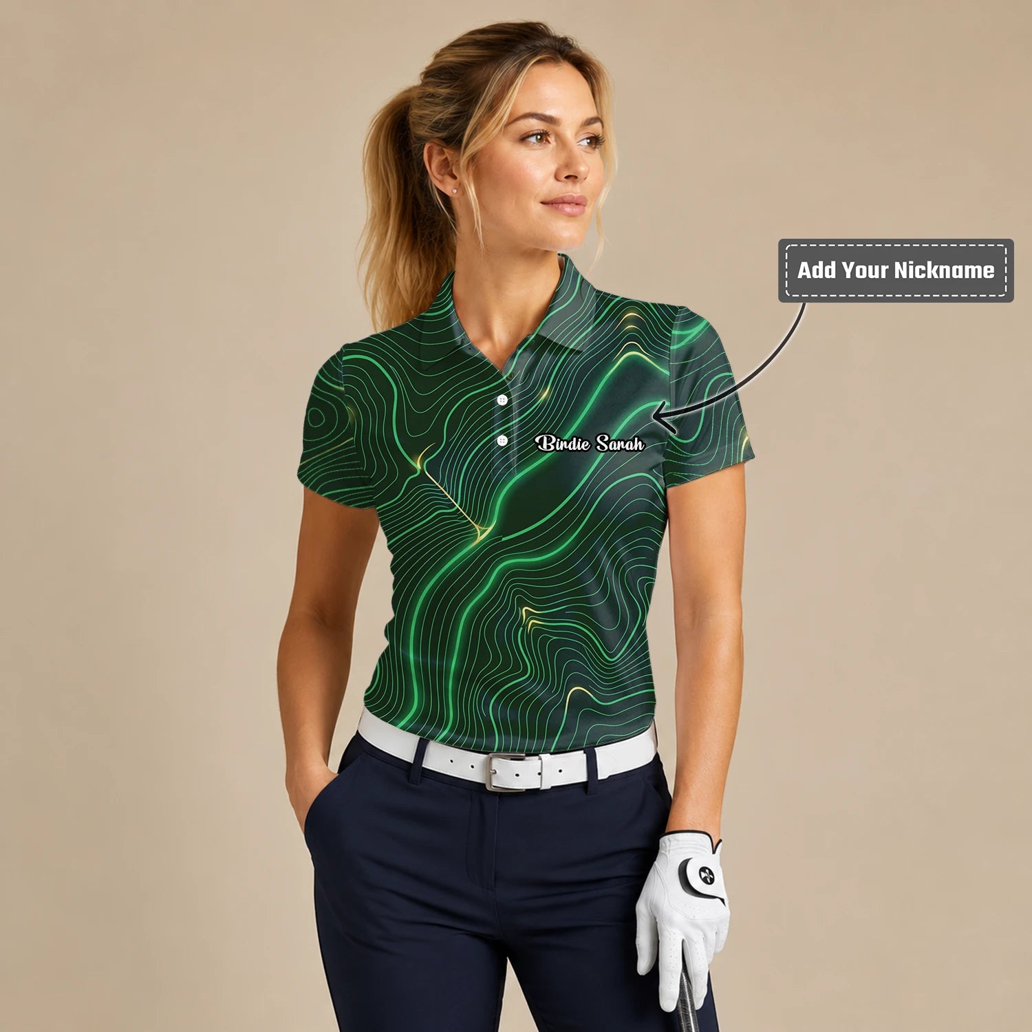 Personalised Green Black Topographic Line Golf Polo Shirt For Women E4992