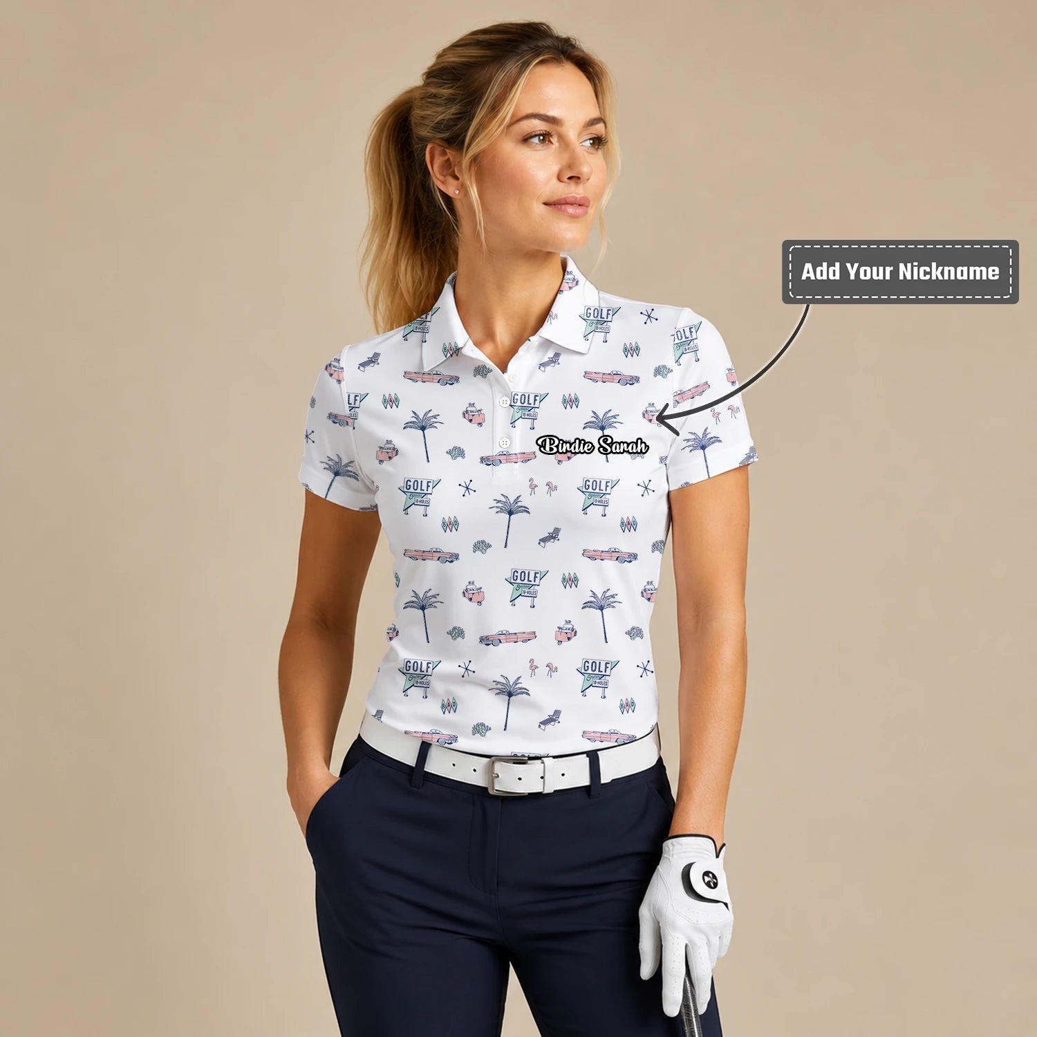 Personalised White Golf Holiday Doodle Golf Polo Shirt For Women Z8344