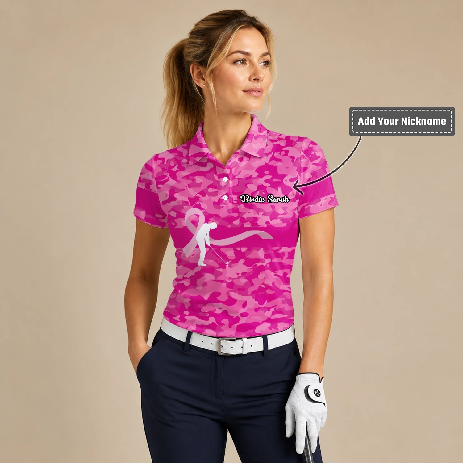 Personalised Pink Camo Breast Cancer Awareness Ribbon Golfer Golf Polo Shirt For Women Z3179