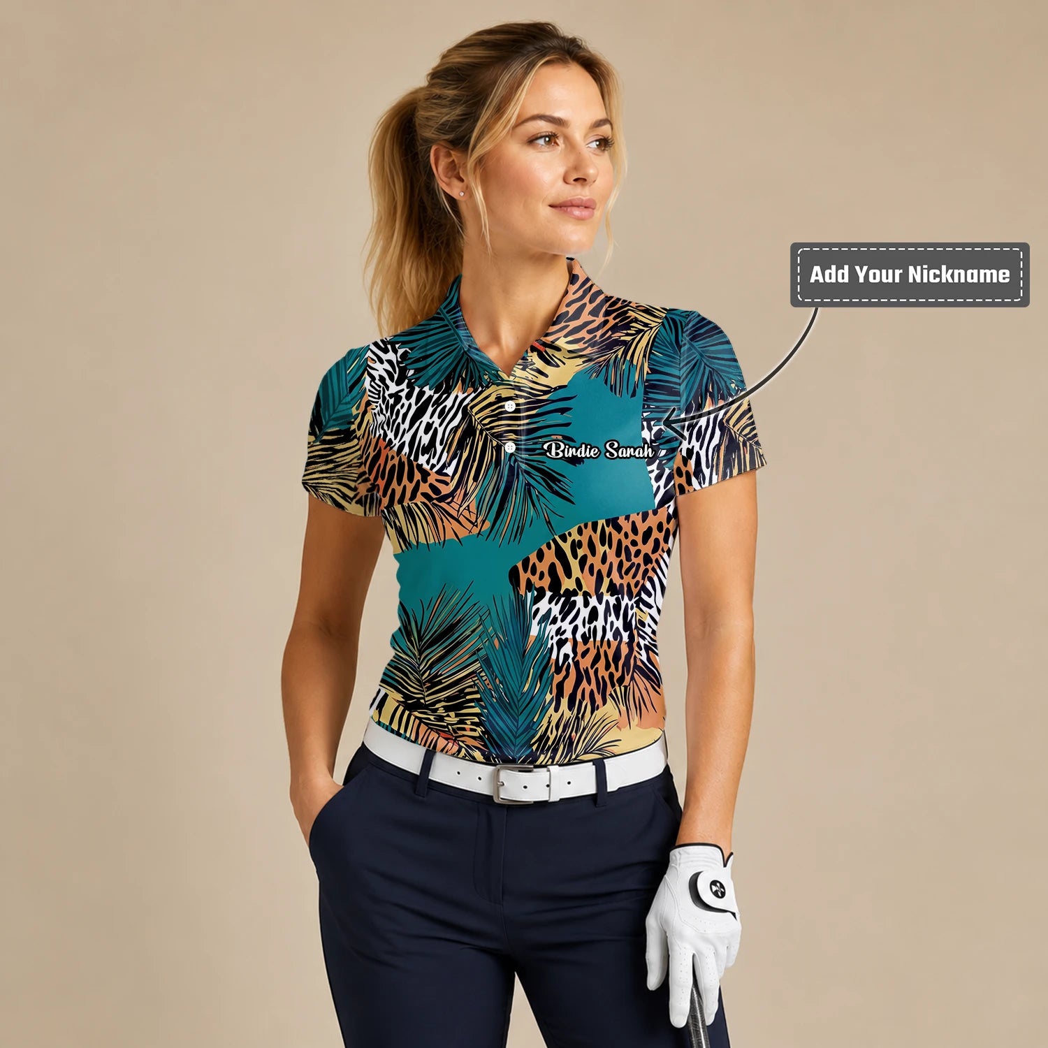 Personalised Teal Orange Tropical Palm Animal Print Golf Polo Shirt For Women A7122