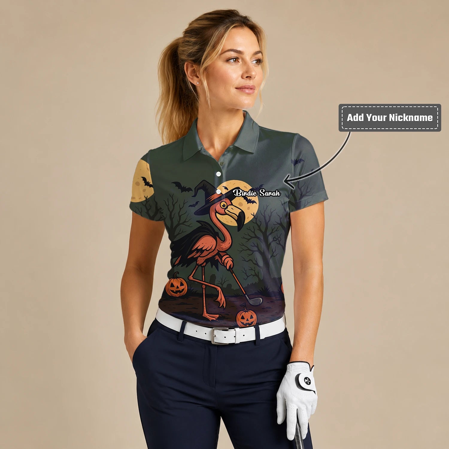 Personalised Olive Halloween Flamingo Witch Golfer Pumpkin Golf Polo Shirt For Women X5811
