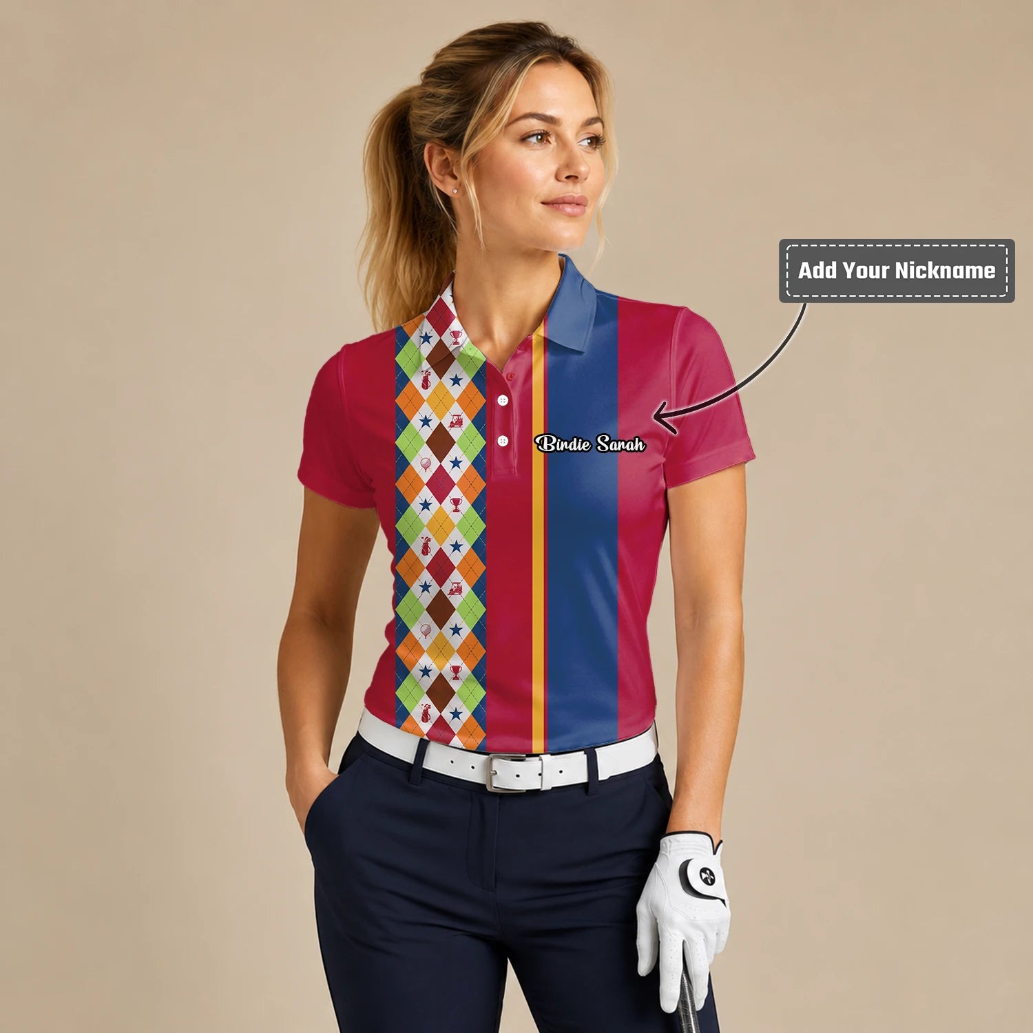 Personalised Red Blue Colourful Argyle Golf Polo Shirt For Women V1769