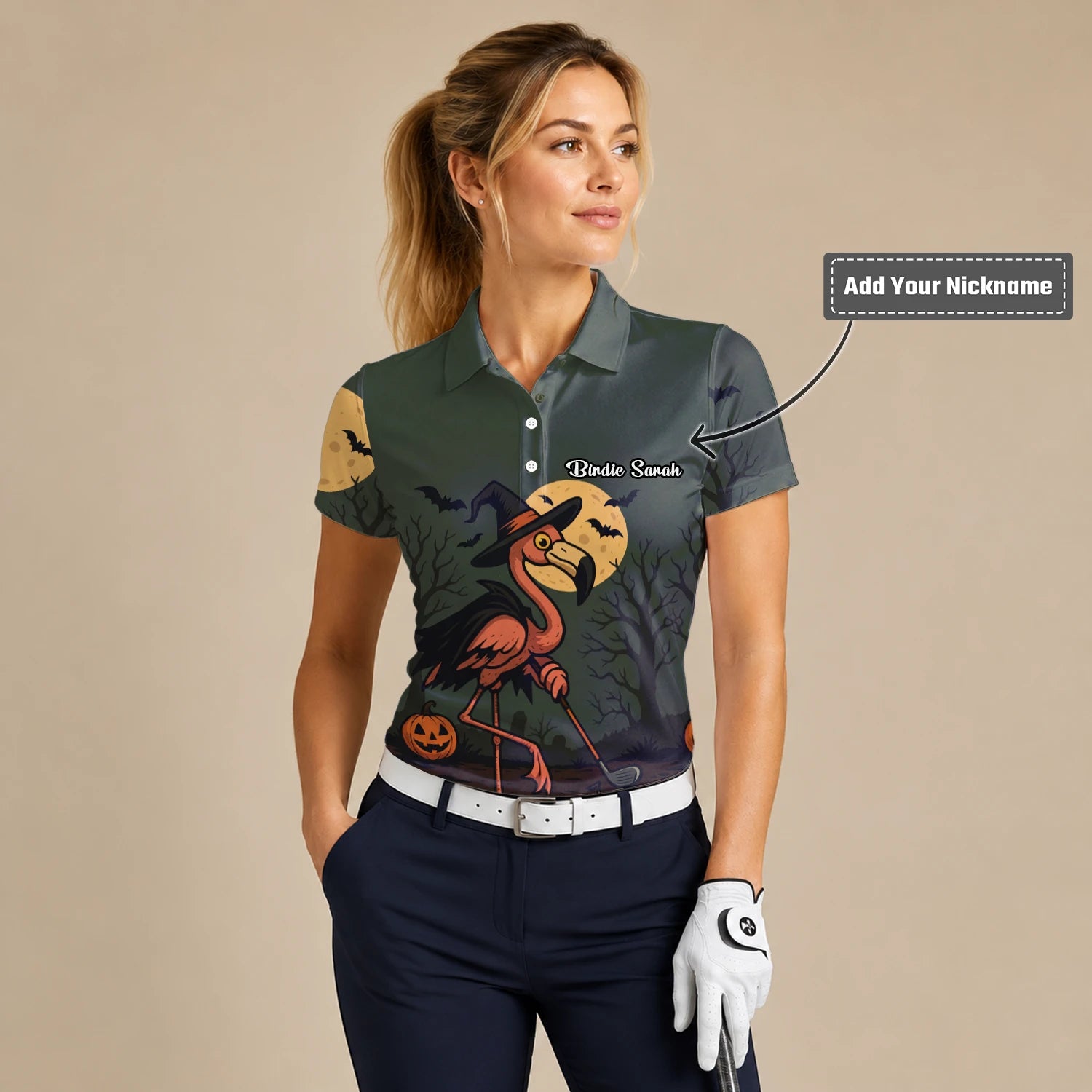 Personalised Olive Halloween Flamingo Witch Golfer Pumpkin Golf Polo Shirt For Women X5811