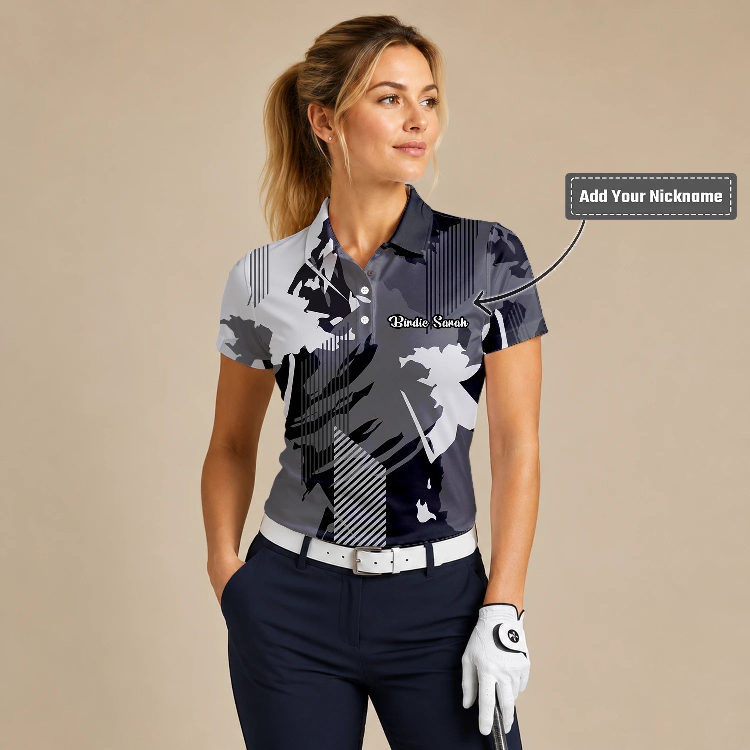 Personalised Grey Black Abstract Brush Stripe Golf Polo Shirt For Women I7293