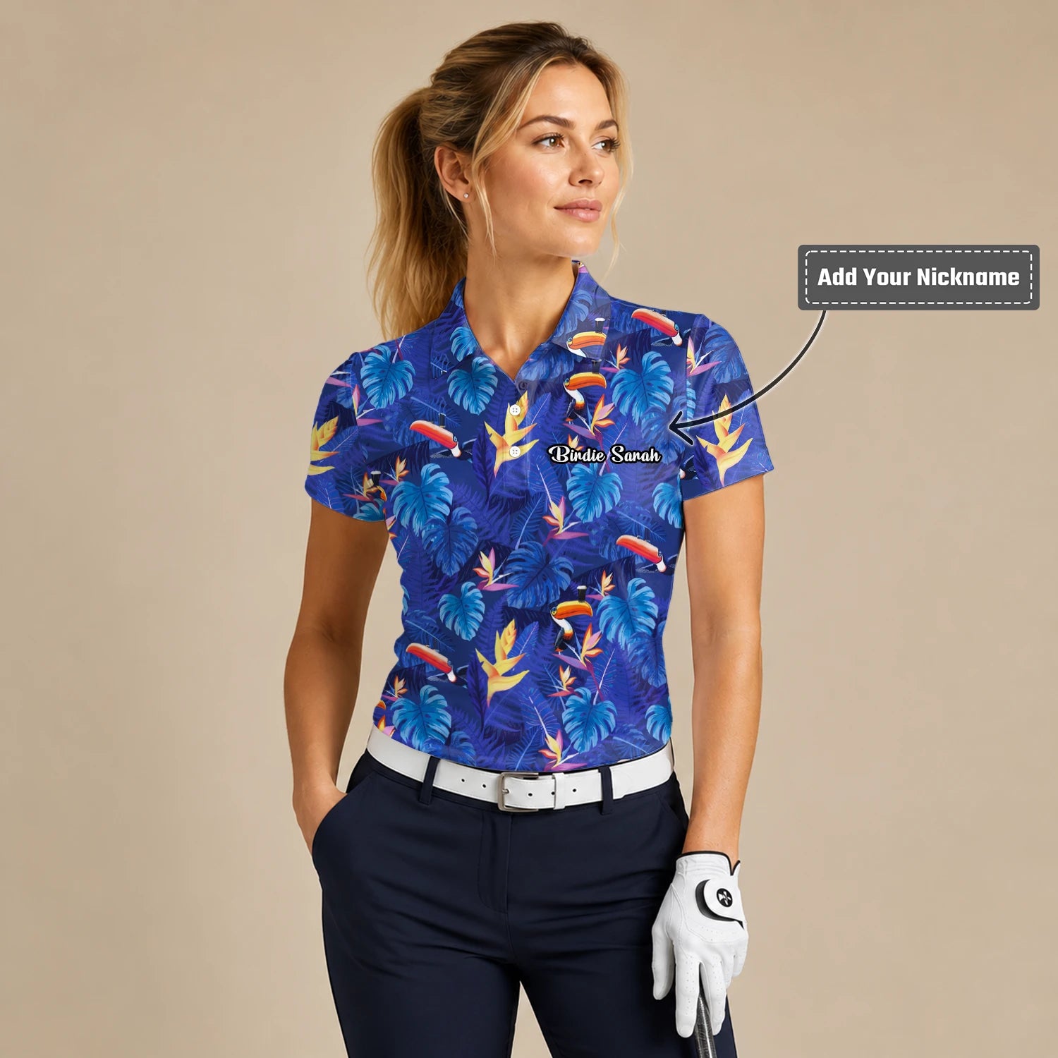 Personalised Navy Blue Tropical Toucan Leaf Golf Polo Shirt For Women S1836