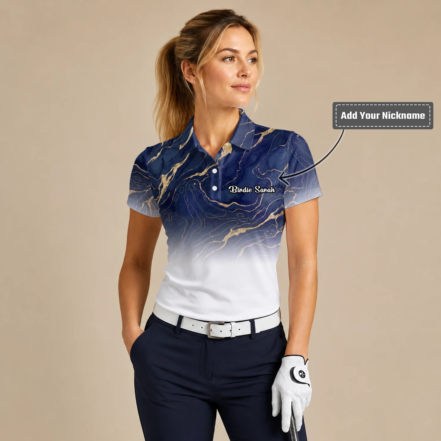 Personalised Navy White Marble Gold Vein Golf Polo Shirt For Women U5613
