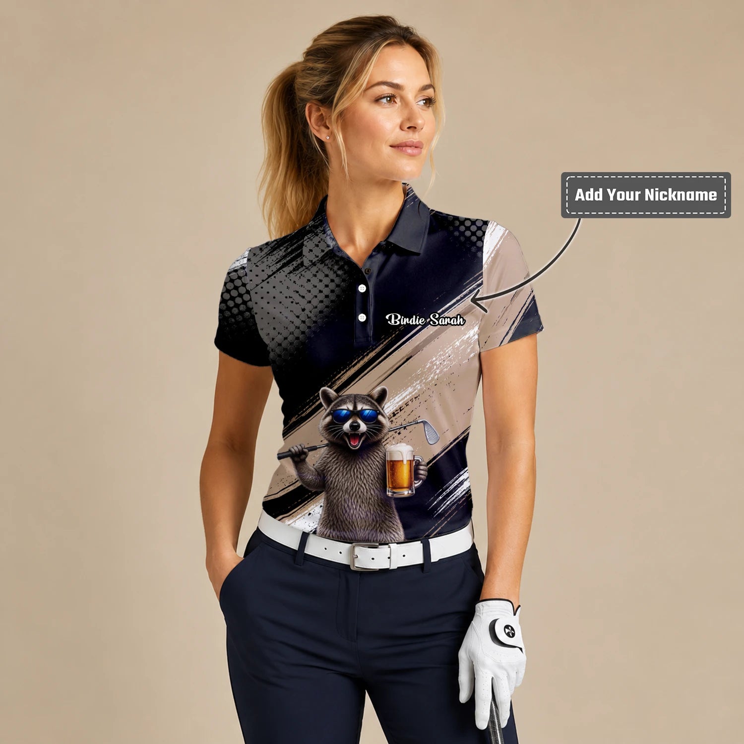 Personalised Black Beige Raccoon Beer Golfer Cartoon Golf Polo Shirt For Women K7921