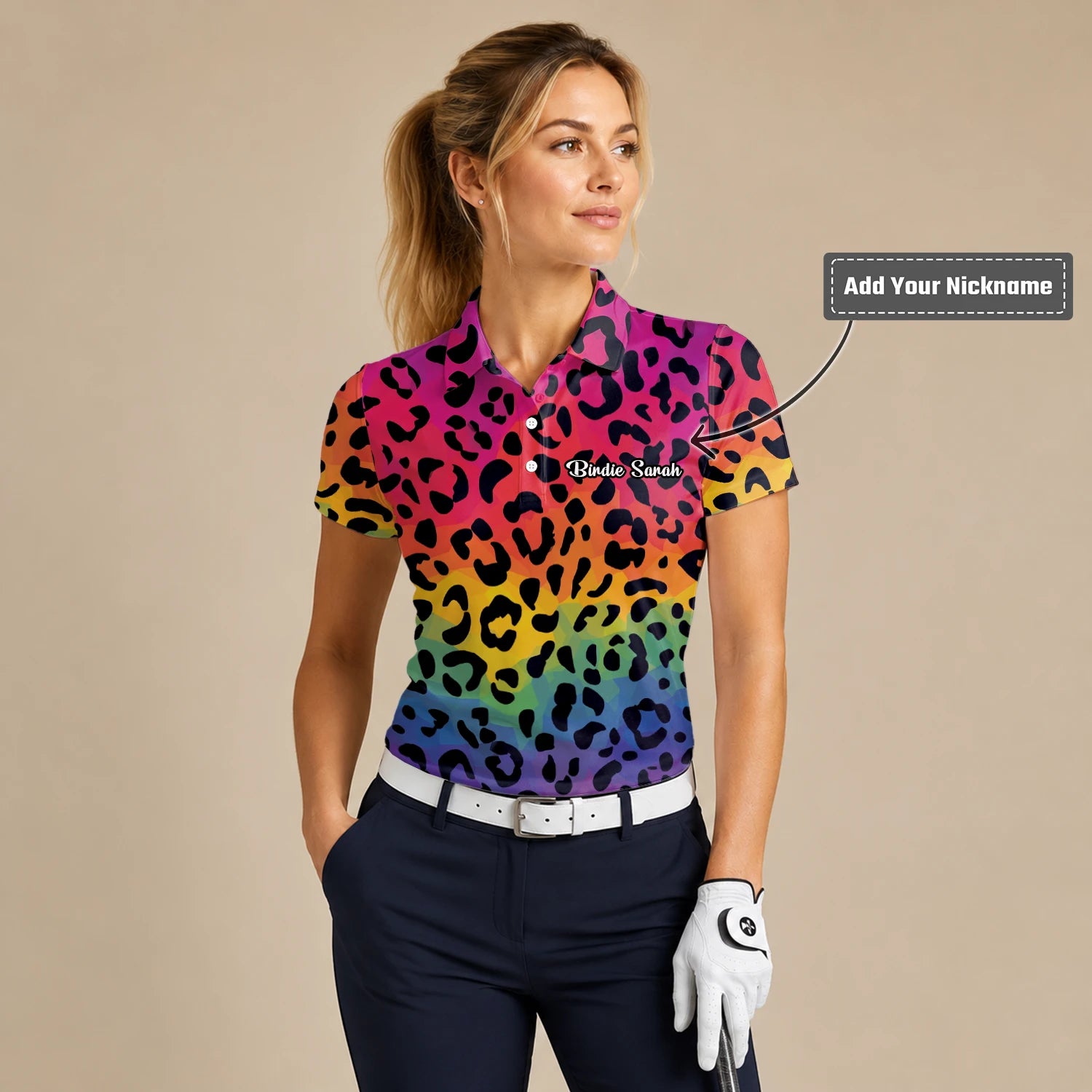 Personalised Rainbow Leopard Print Golf Polo Shirt For Women X1632