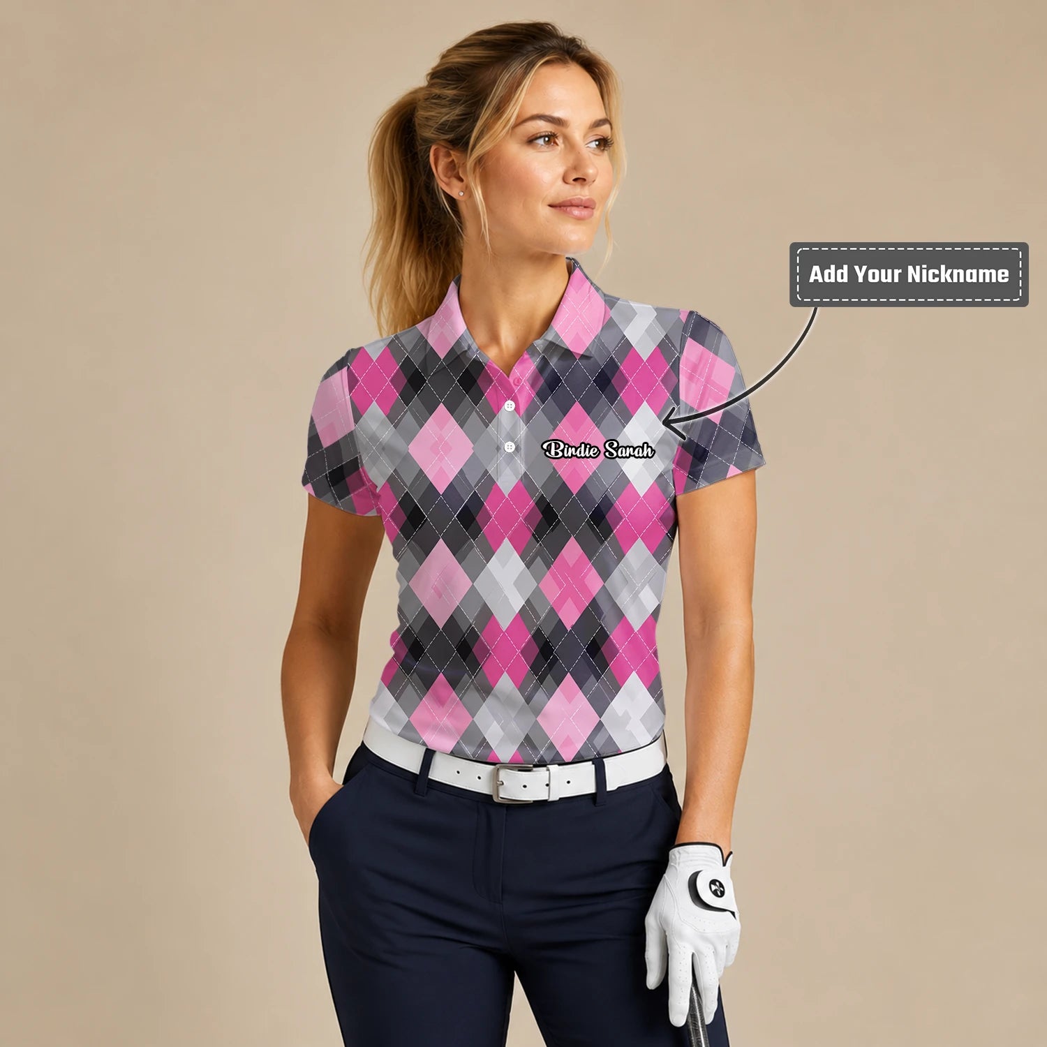 Personalised Pink Grey Argyle Golf Polo Shirt For Women Z9376