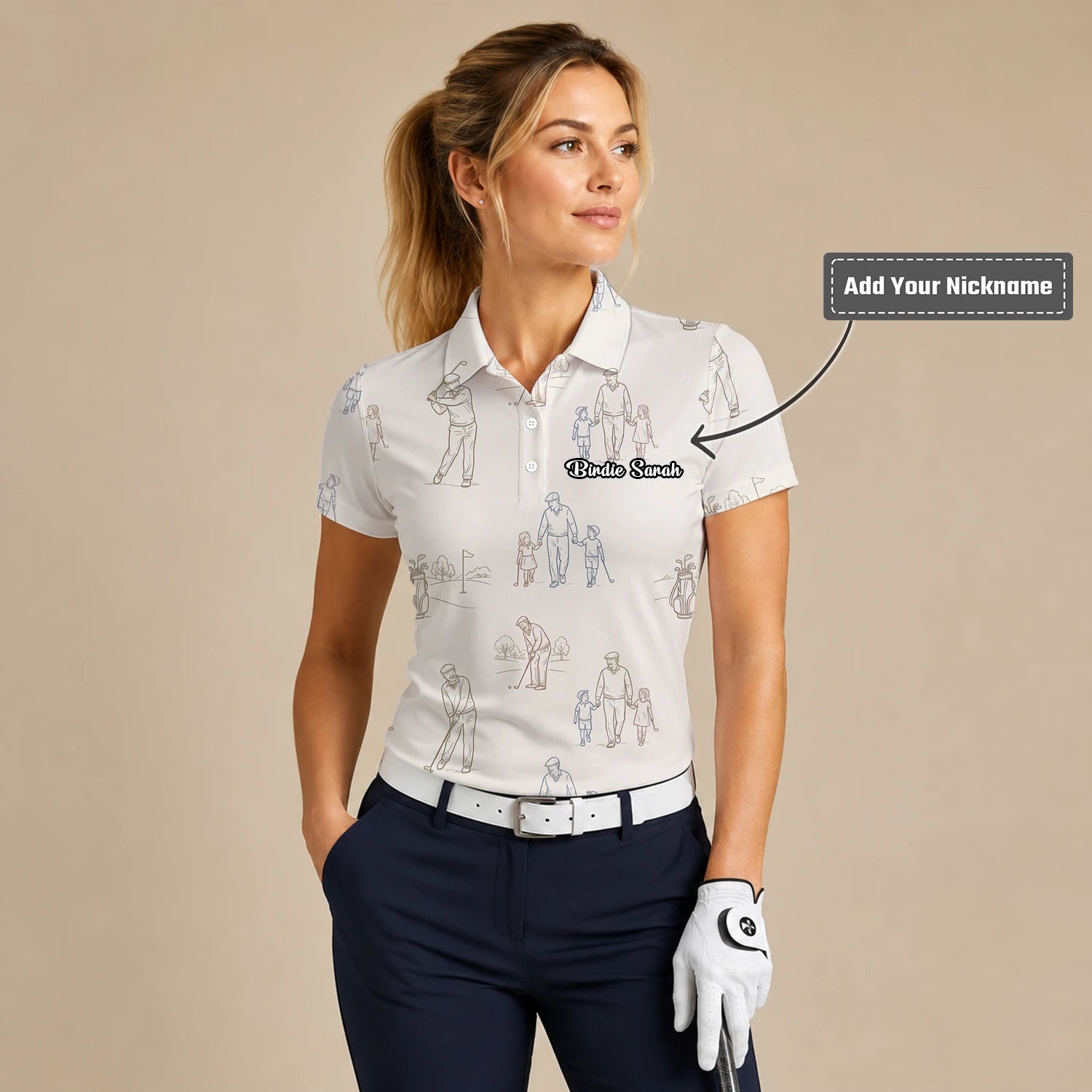 Personalised Beige Vintage Golfer Sketch Golf Polo Shirt For Women D6556