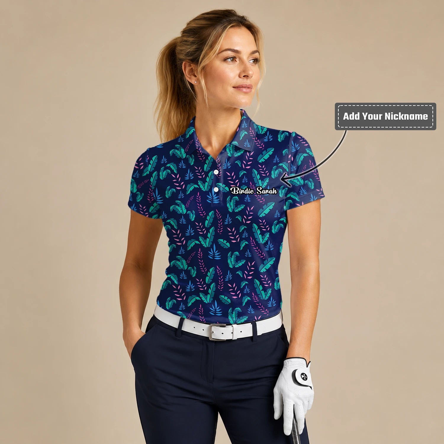 Personalised Navy Teal Tropical Leaf Golf Polo Shirt For Women S8145