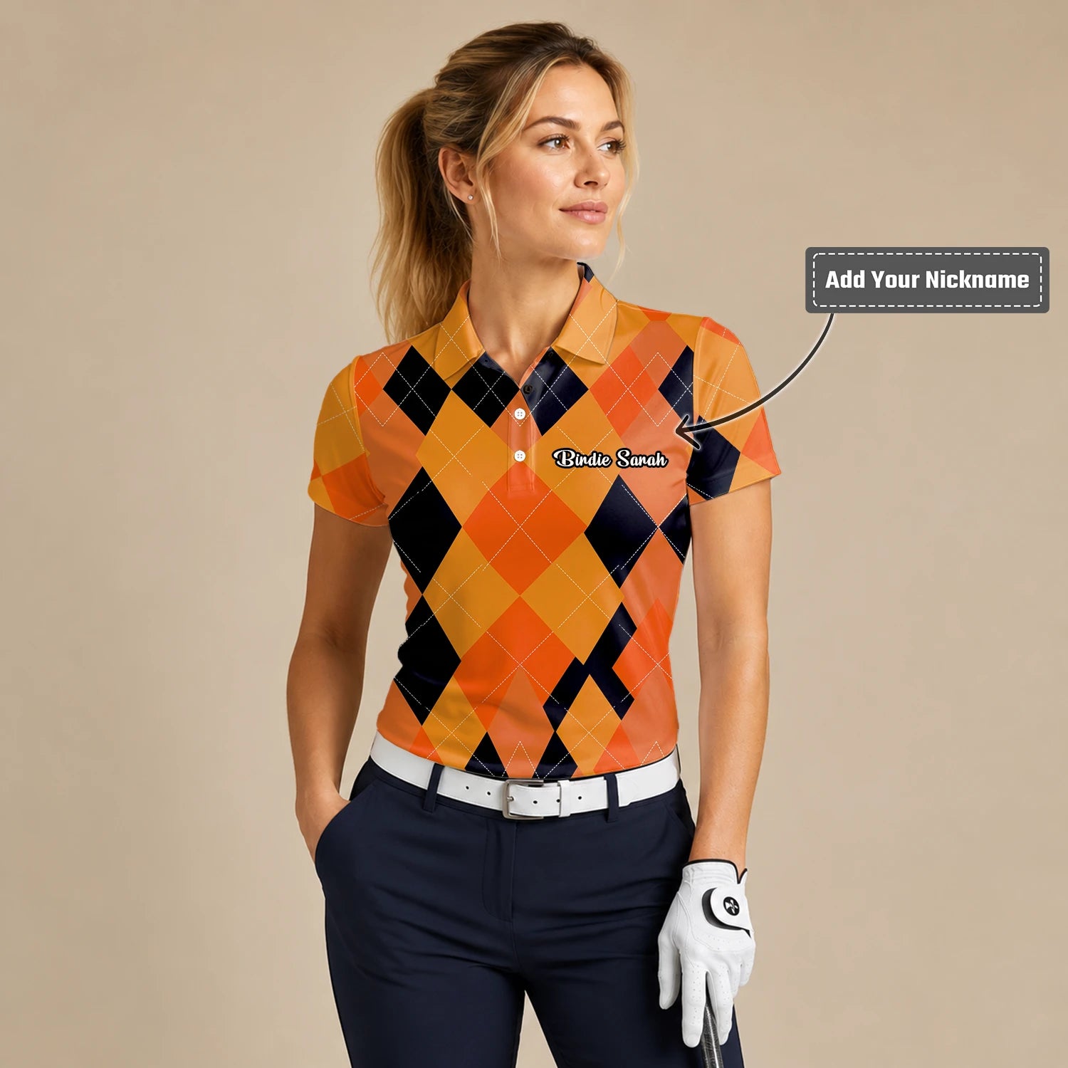 Personalised Orange Black Argyle Diamond Golf Polo Shirt For Women C4203