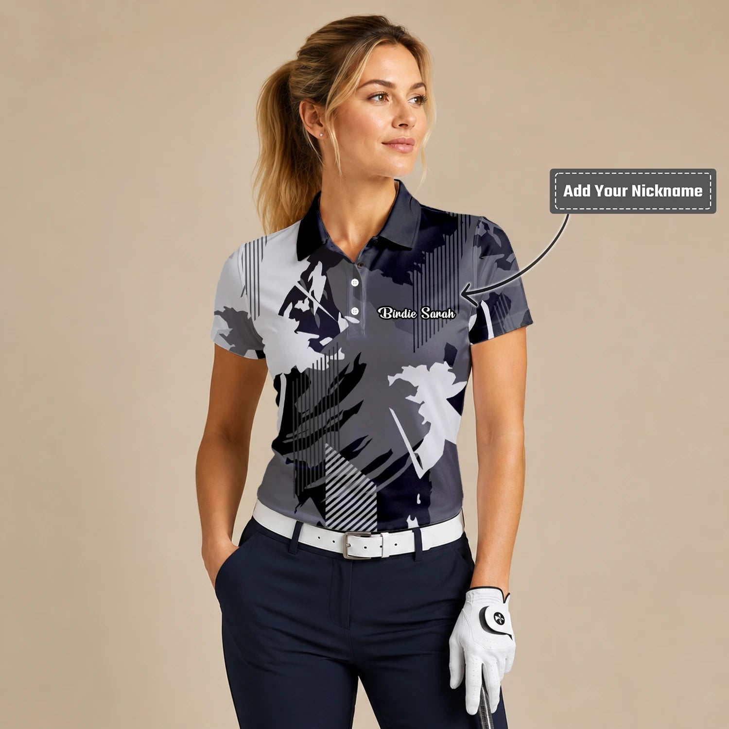Personalised Grey Black Abstract Brush Stripe Golf Polo Shirt For Women I7293