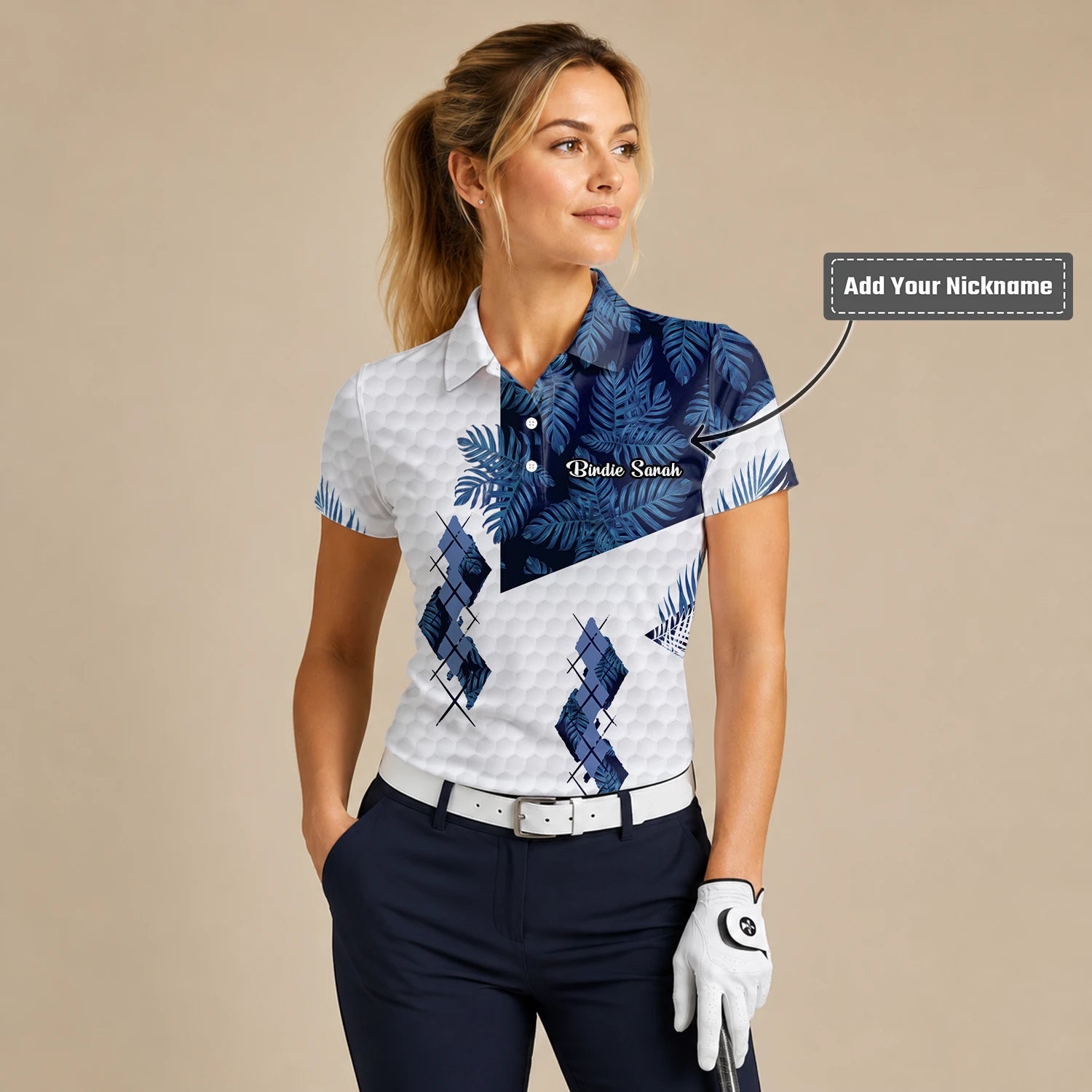 Personalised White Navy Tropical Leaf Argyle Golf Polo Shirt For Women D6549