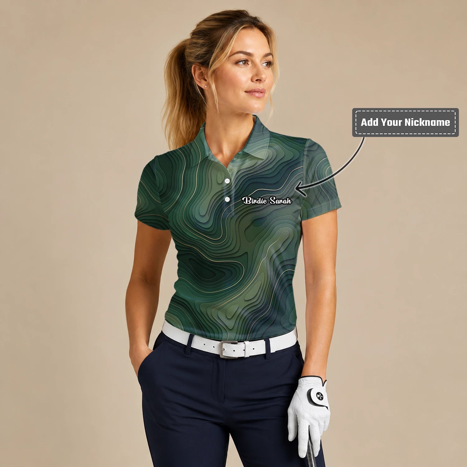 Personalised Green Topographic Contour Line Golf Polo Shirt For Women H2497