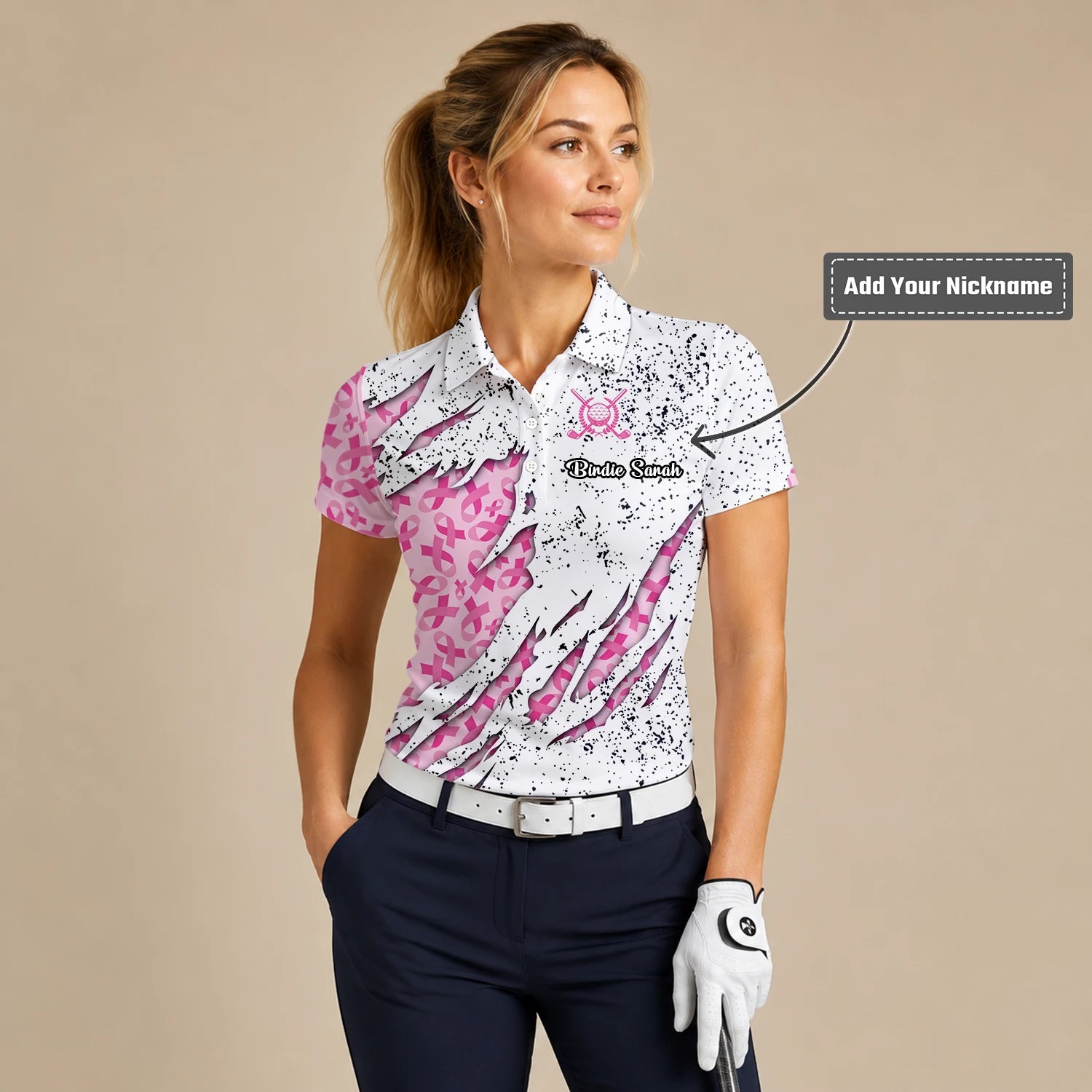 Personalised White Pink Breast Cancer Ribbon Torn Golf Polo Shirt For Women B7190