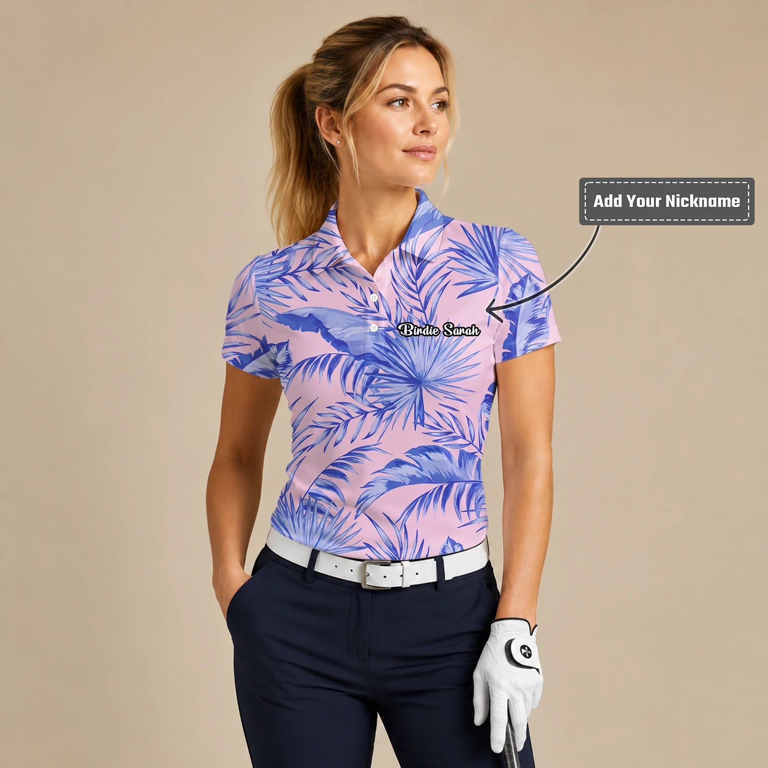 Personalised Pink Lavender Tropical Palm Leaf Golf Polo Shirt For Women M3354