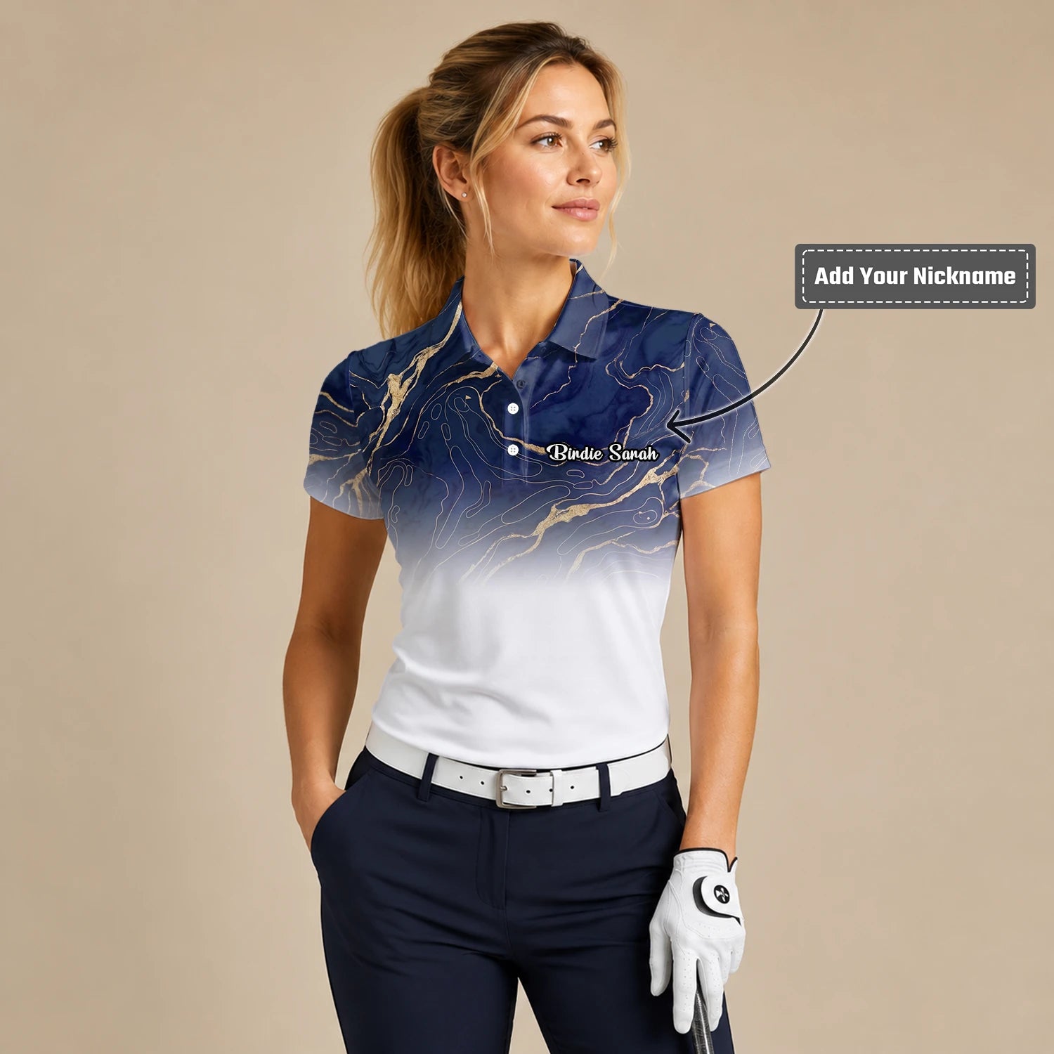Personalised Navy White Marble Gold Vein Golf Polo Shirt For Women U5613