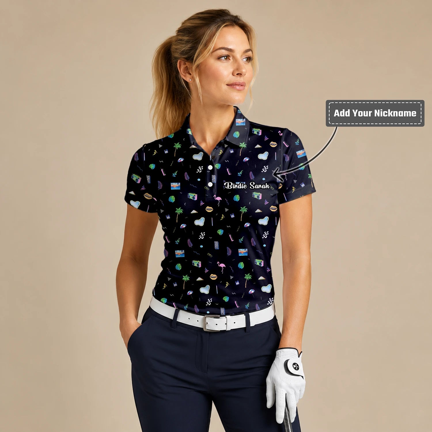 Personalised Black Holiday Travel Doodle Golf Polo Shirt For Women V7883