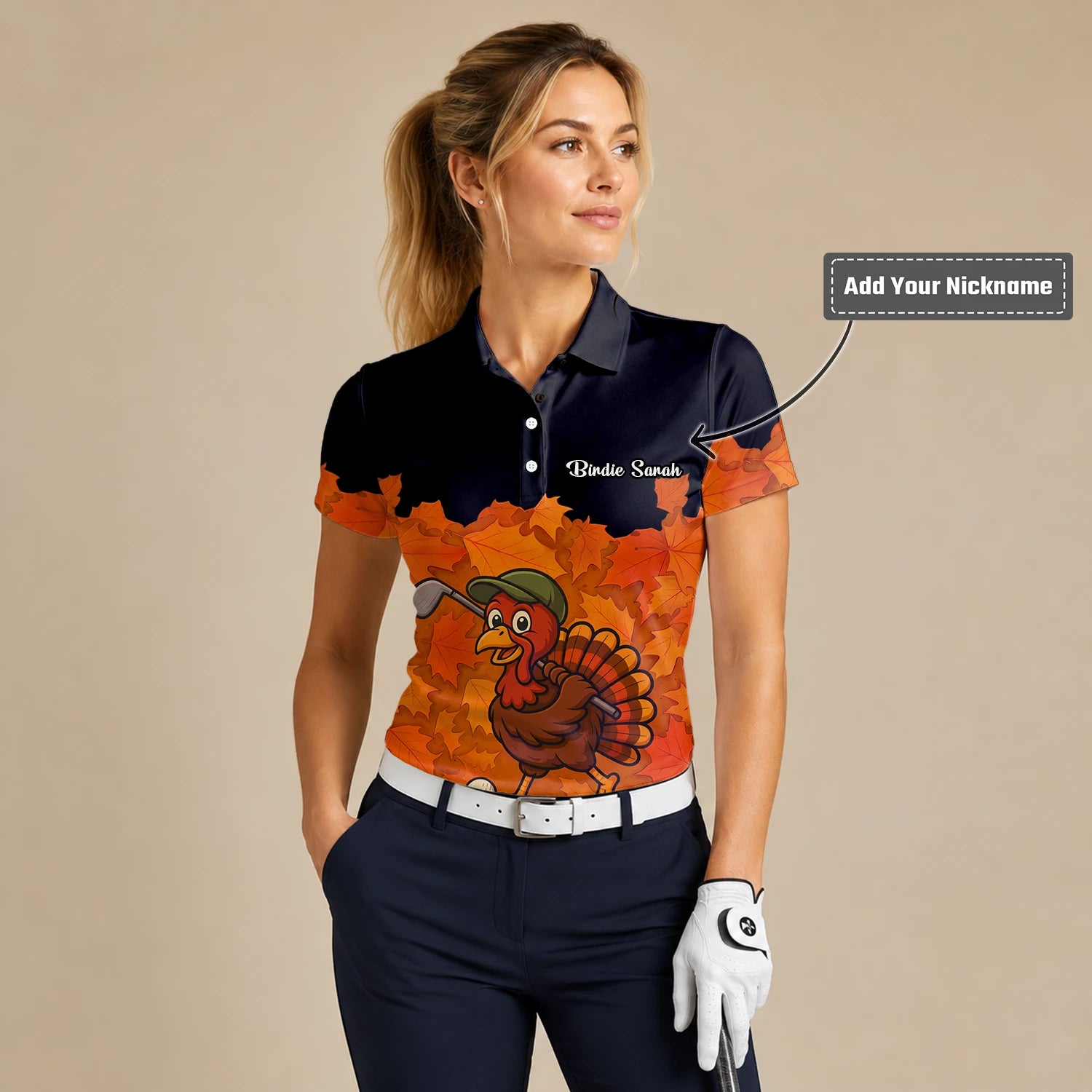 Personalised Black Orange Thanksgiving Turkey Golfer Golf Polo Shirt For Women W0964