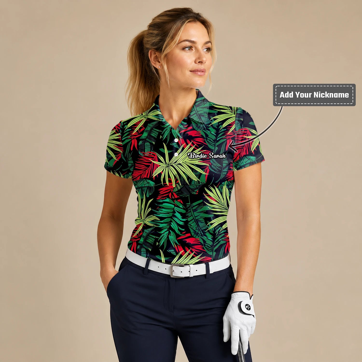 Personalised Black Green Red Tropical Leaf Golf Polo Shirt For Women U5191