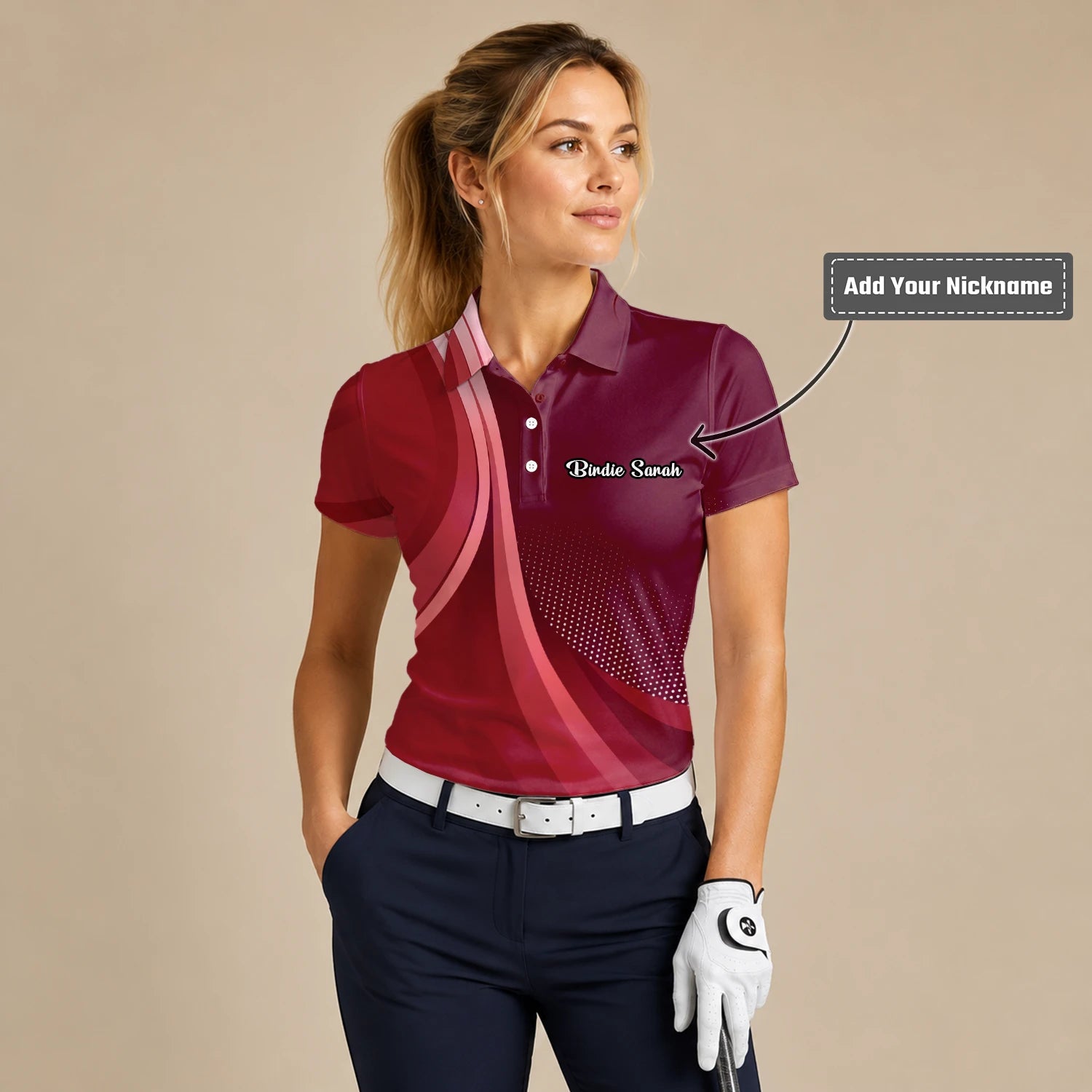 Personalised Burgundy Red Abstract Wave Golf Polo Shirt For Women B4612