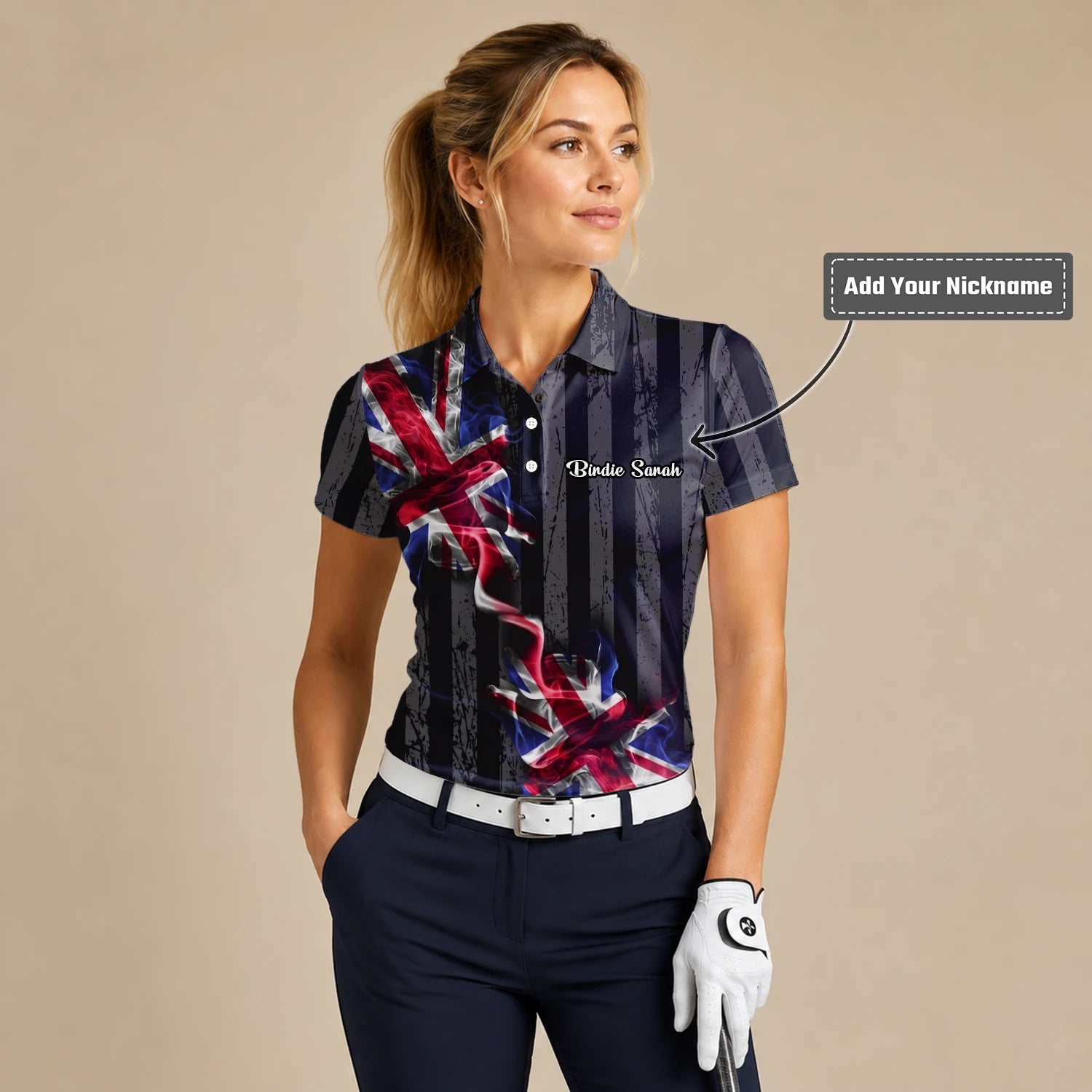 Personalised Black Union Jack Lightning Golf Polo Shirt For Women U9443