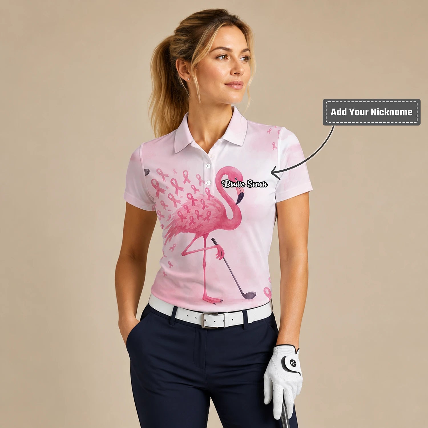 Personalised Pink Flamingo Golfer Breast Cancer Ribbon Golf Polo Shirt For Women R9354