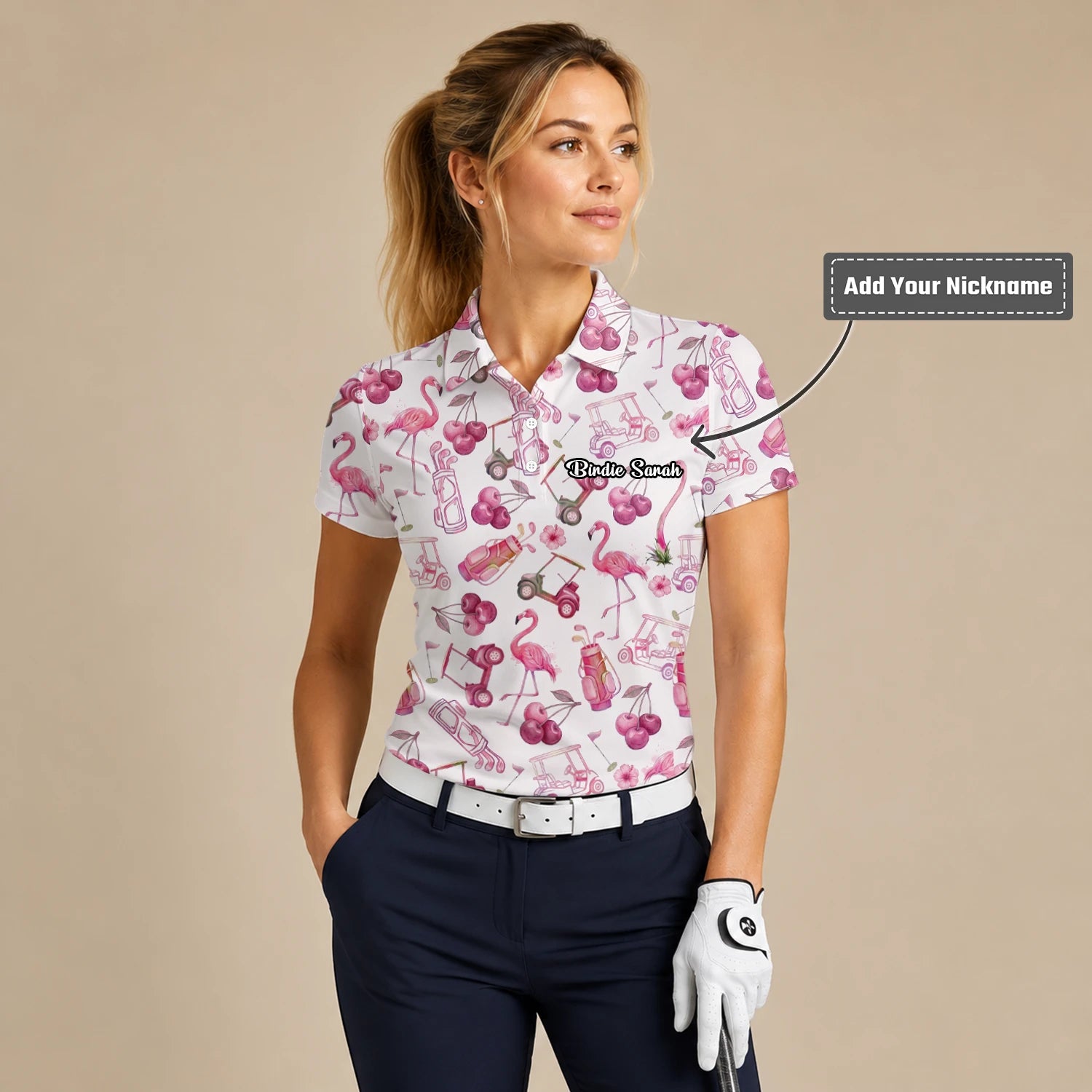 Personalised Cream Pink Flamingo Golf Cart Cocktail Golf Polo Shirt For Women T9296