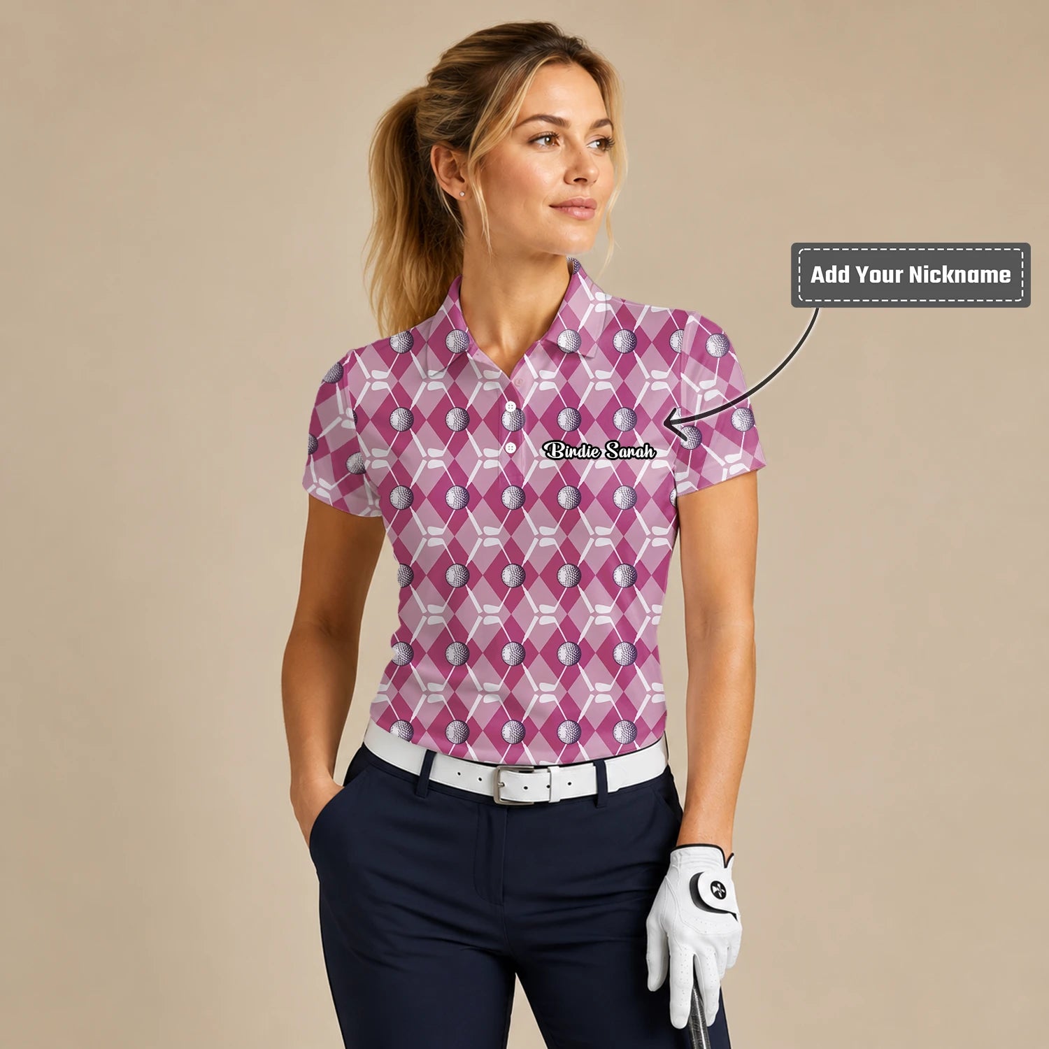 Personalised Pink Argyle Golf Ball Golf Polo Shirt For Women X0000