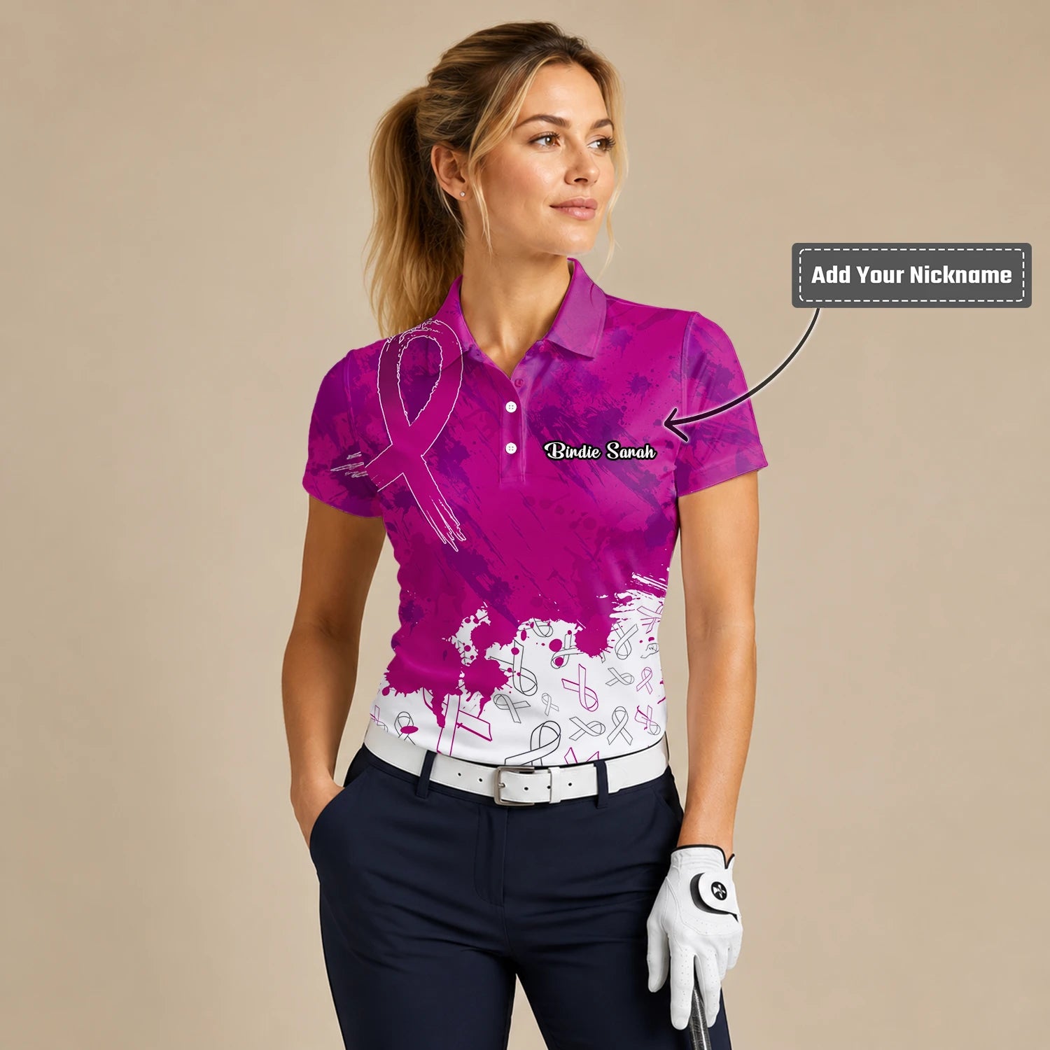 Personalised Magenta Breast Cancer Awareness Ribbon Paint Splash Golf Polo Shirt For Women Q5636