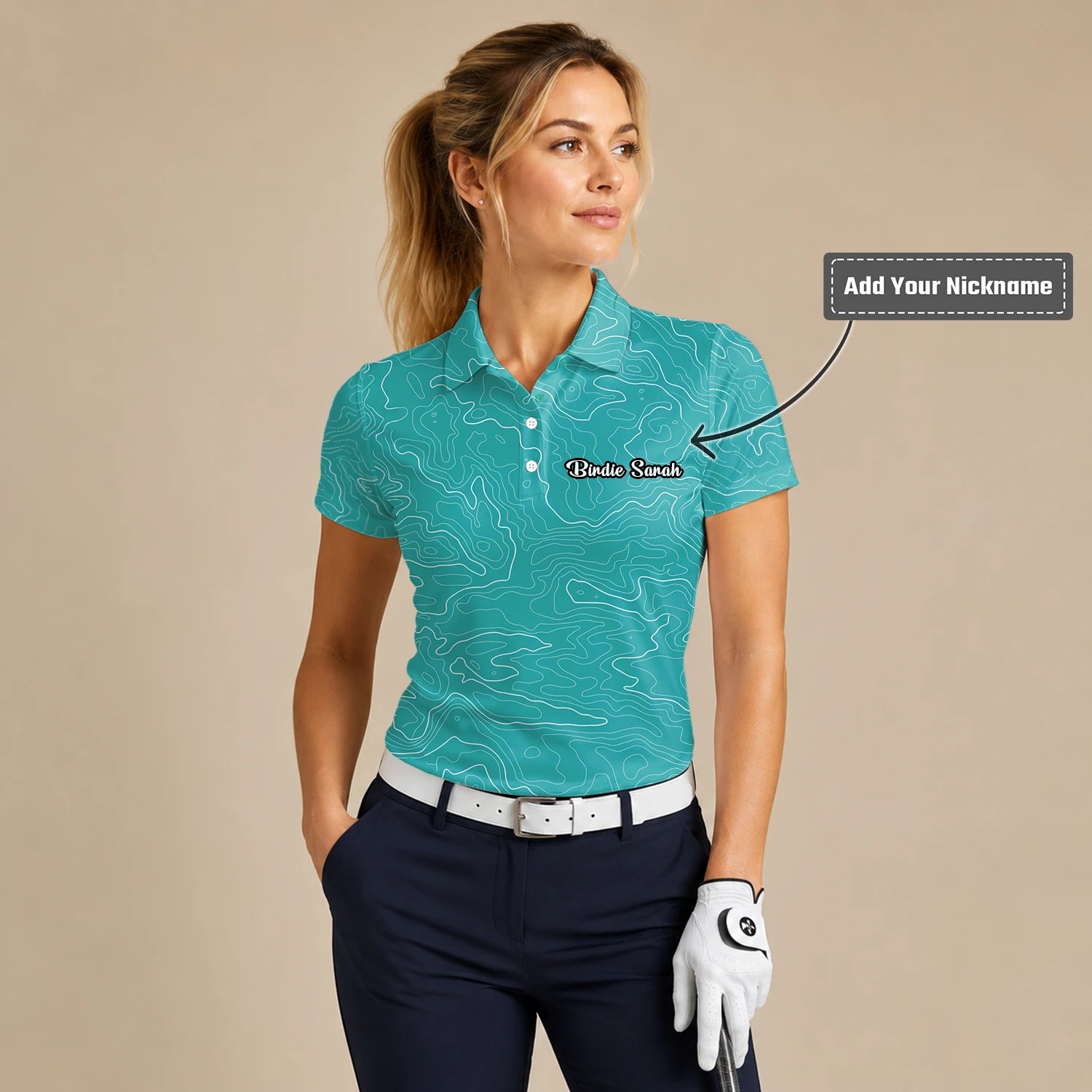 Personalised Teal Topographic Contour Line Golf Polo Shirt For Women U3552