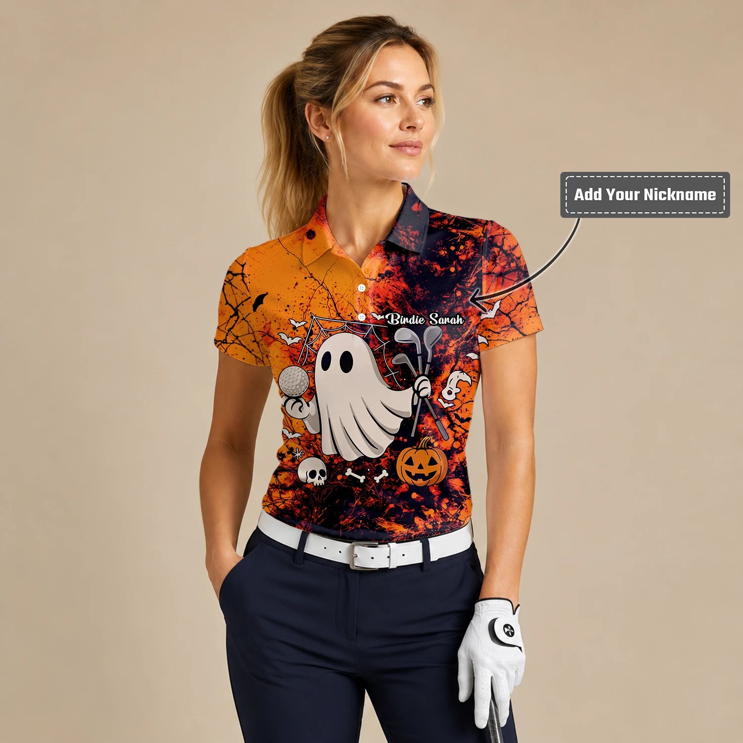 Personalised Orange Halloween Ghost Golfer Golf Polo Shirt For Women M0695