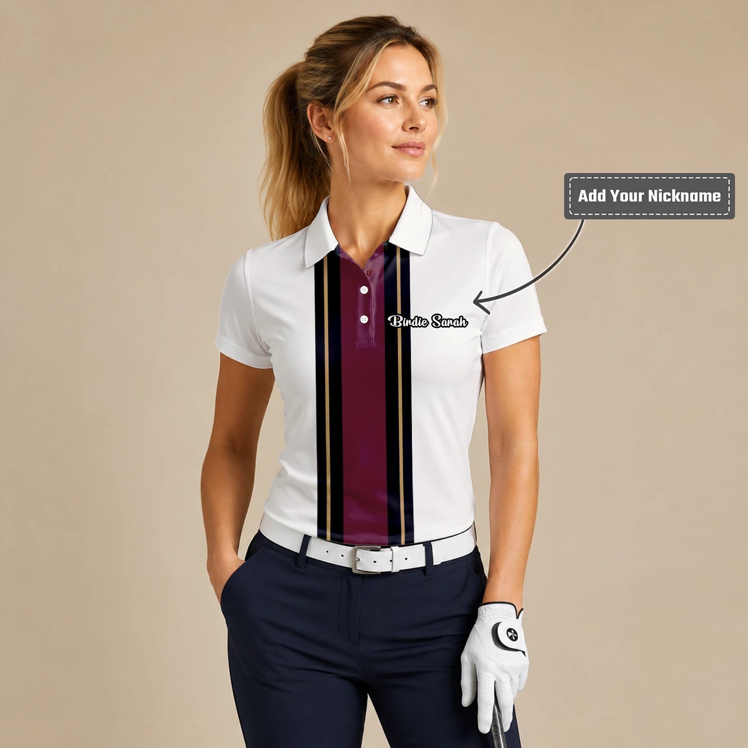 Personalised White Burgundy Black Racing Stripe Golf Polo Shirt For Women G7028