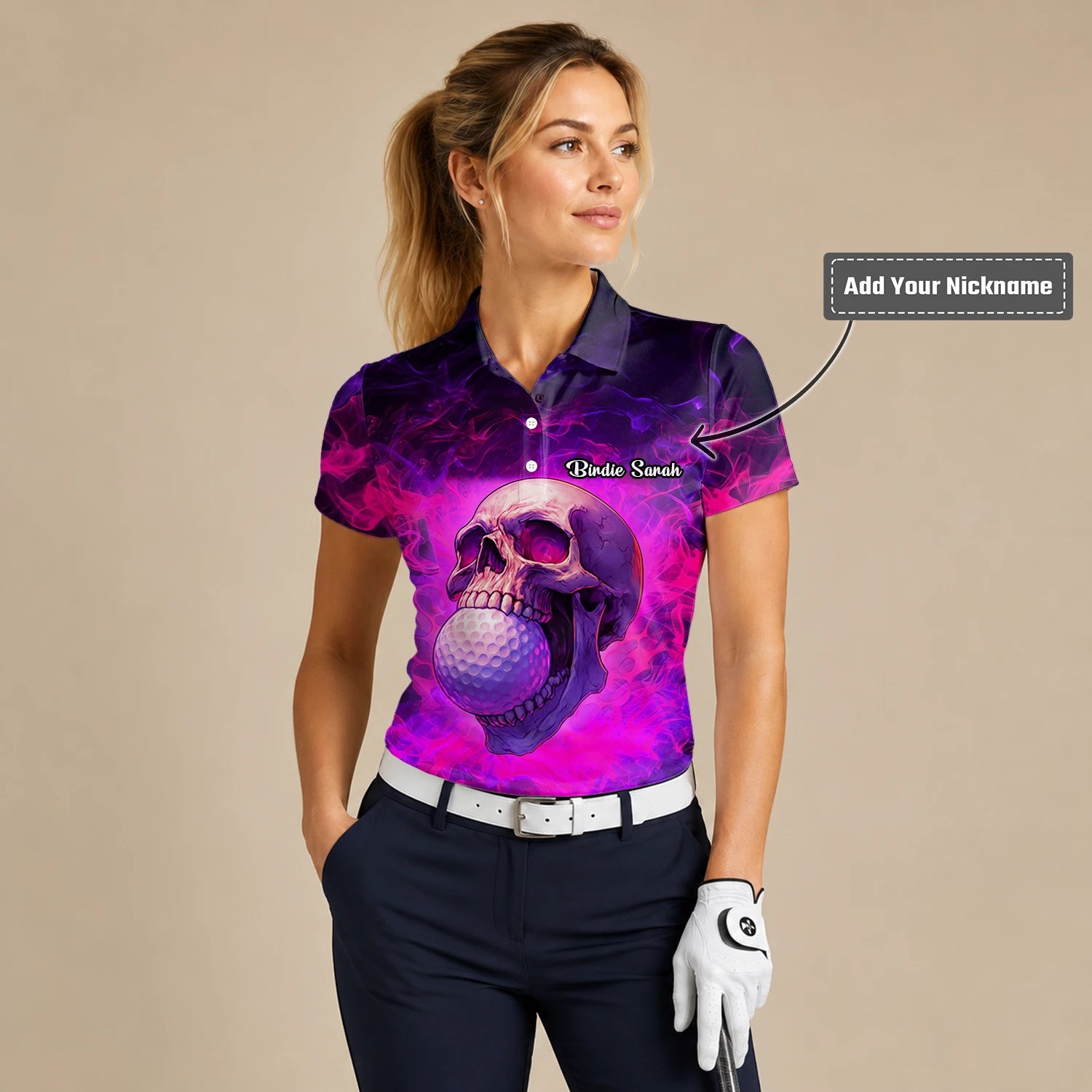 Personalised Purple Pink Skull Golf Ball Smoke Golf Polo Shirt For Women L7637